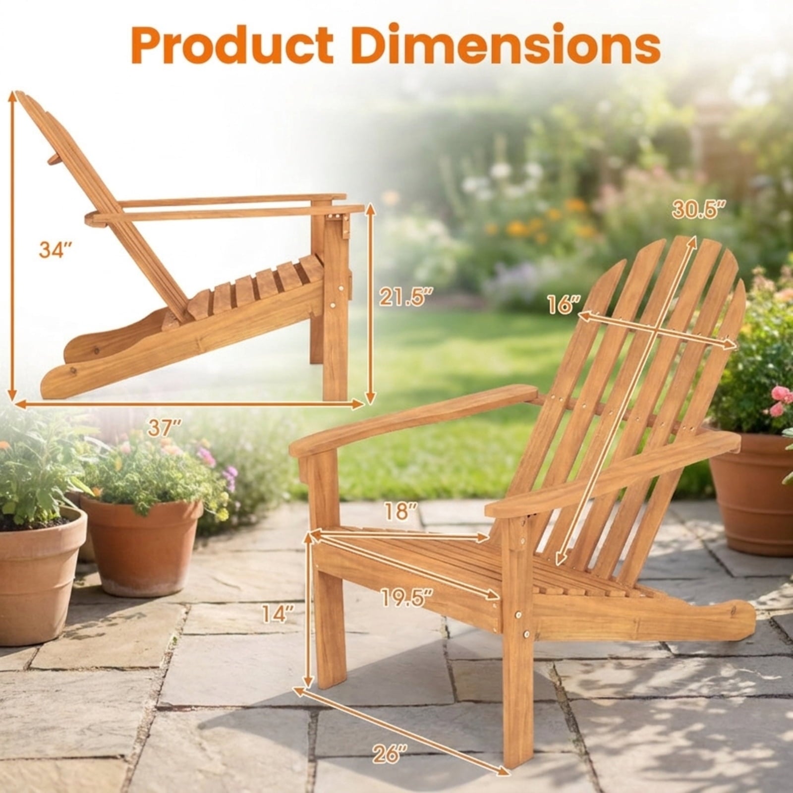 Biotree Acacia Wood Outdoor Adirondack Chair with Ergonomic Design Stackable Patio Chair for Garden BackyardNatural