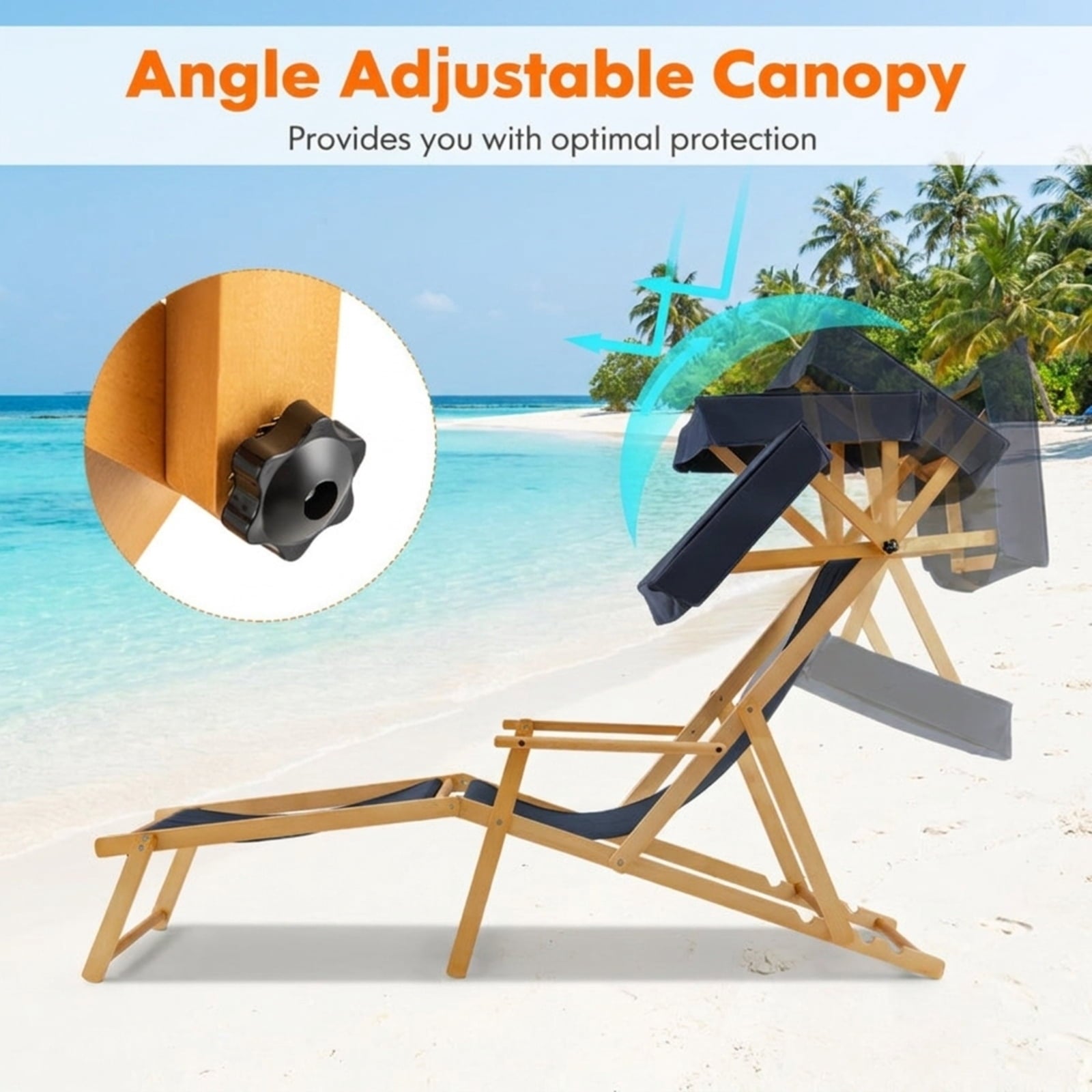 Biotree Birch Wood Chaise Lounge Chair Foldable Beach Chair with Adjustable Canopy Stackable Patio Chair for Garden BackyardNavy