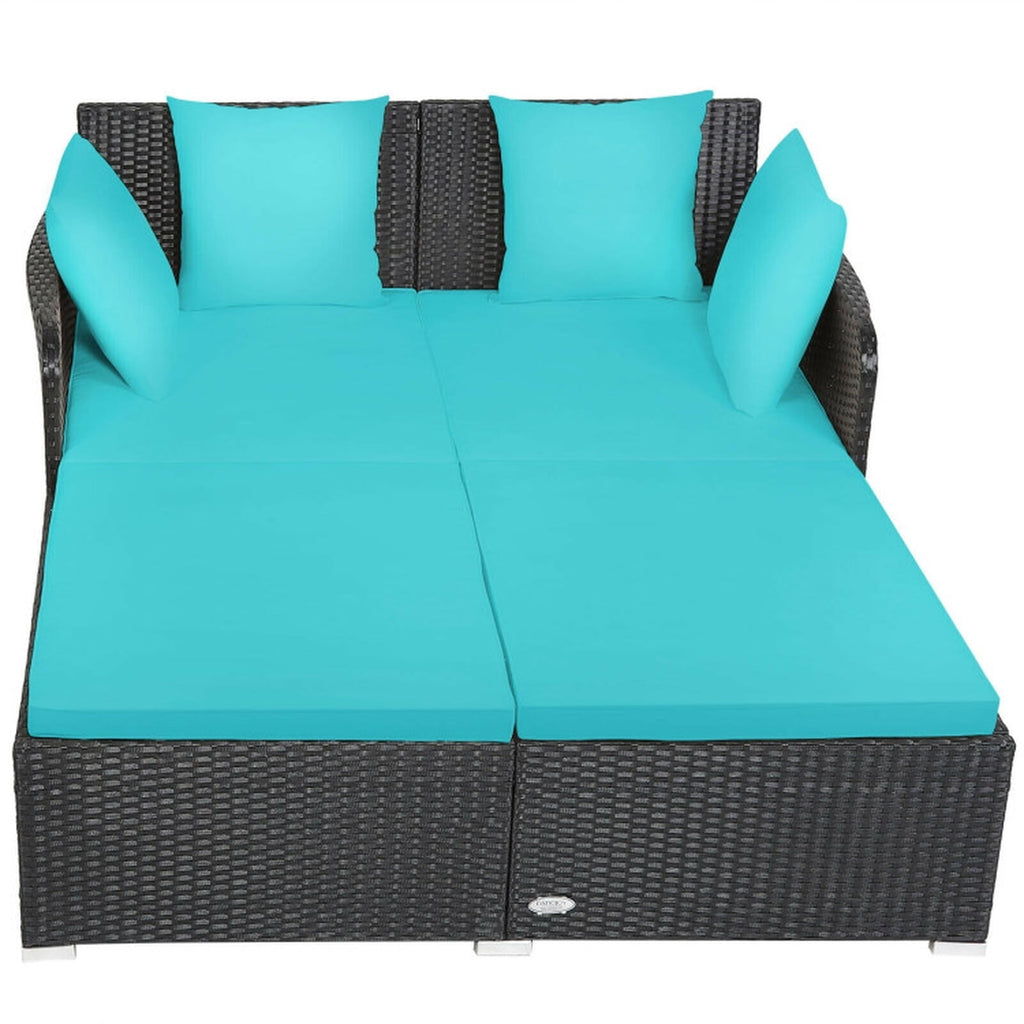 Biotree Spacious Outdoor Rattan Daybed with Upholstered Cushions and Pillows Outdoor Conversation Set for Garden Backyard PorchTurquoise
