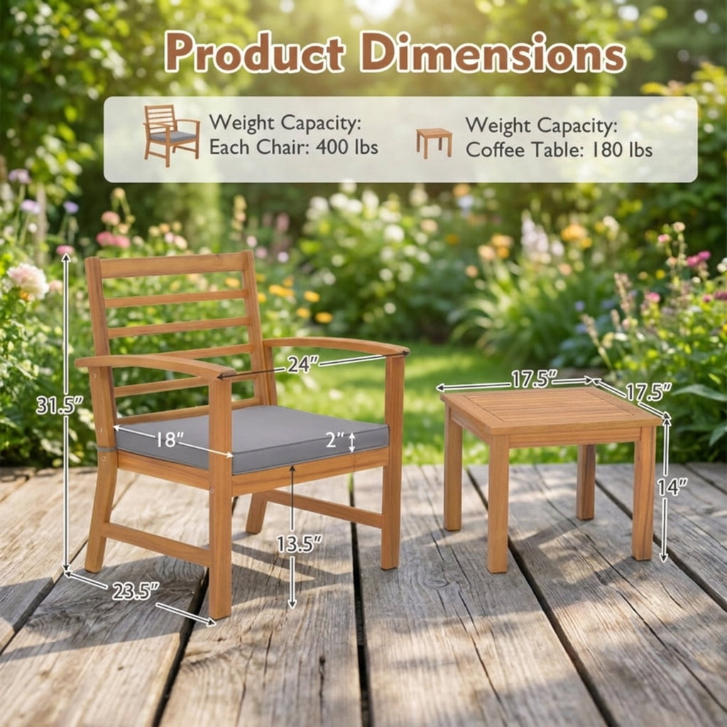 Biotree 3 Pieces Outdoor Furniture Set with Soft Seat Cushions Outdoor Conversation Set for Garden Backyard PorchGray