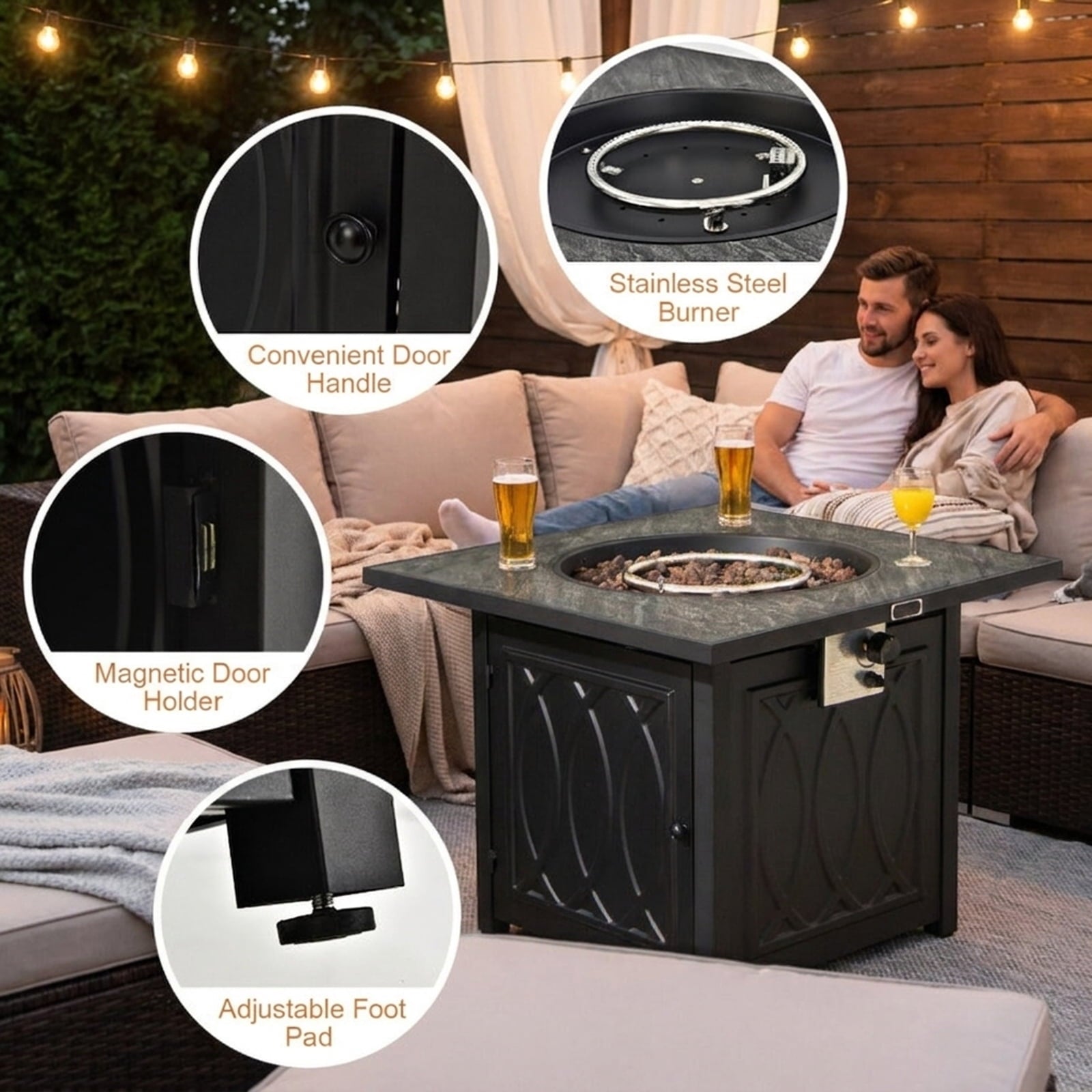Biotree 32 Inch Propane Fire Pit Table Square Tabletop with Lava Rocks Cover 50000 BTU for Outdoor Patio Backyard Garden Camping, Black