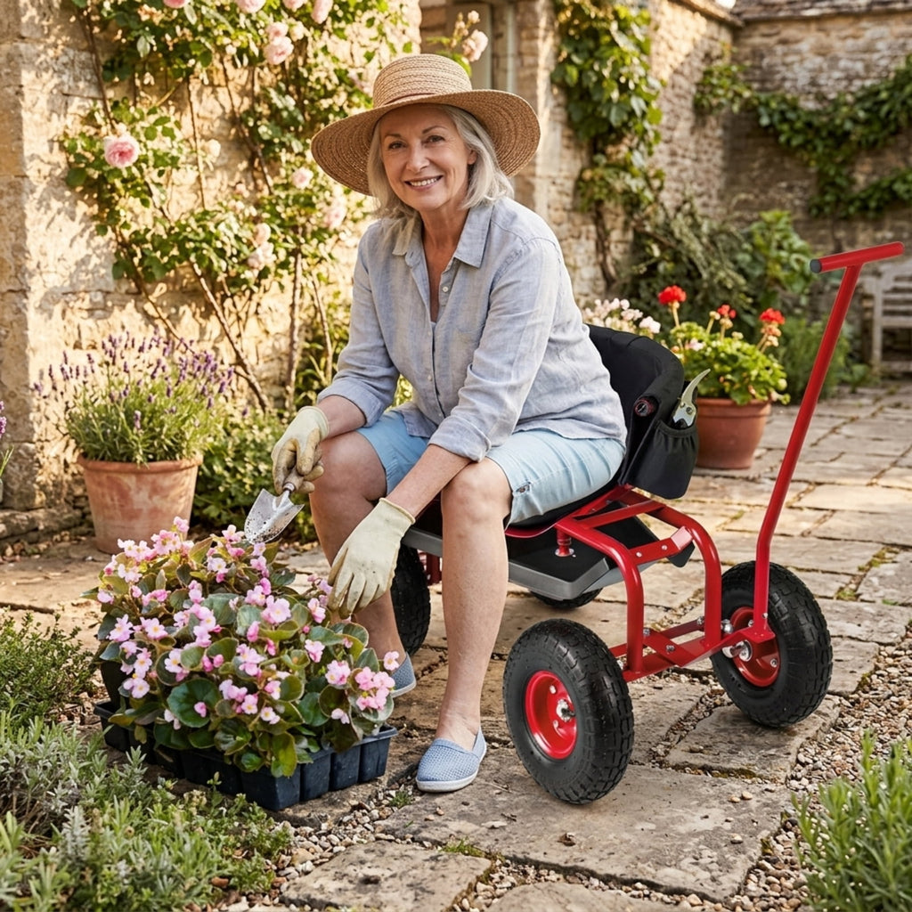 Biotree 330lbs Rolling Garden Cart with Height Adjustable 360¡ãSwivel Seat, Garden Scooter with Storage Basket, Sit Down Garden Cart with Tool Tray for Weeding Planting Gardening Red