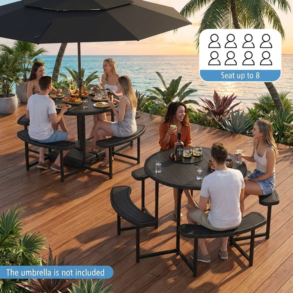 Biotree 62-Inch Round Picnic Table Bench Set with 4 Benches and Umbrella Hole for Patio Lawn, Black