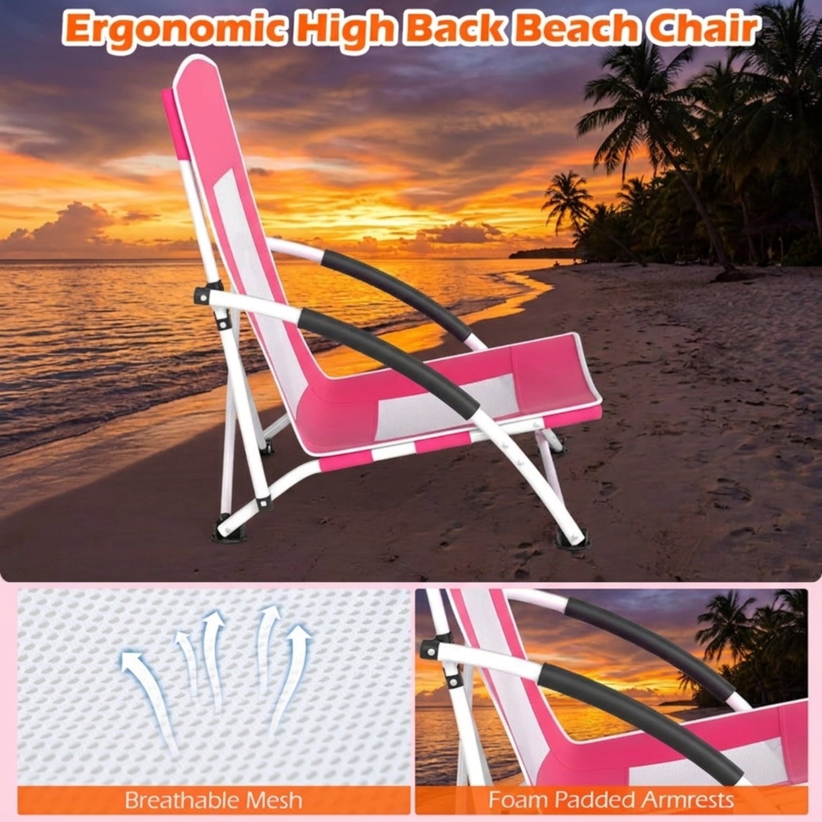 Biotree 2 Pack Beach Umbrella Chair for Adults with Adjustable Parasol Stackable Patio Chair for Garden BackyardPink
