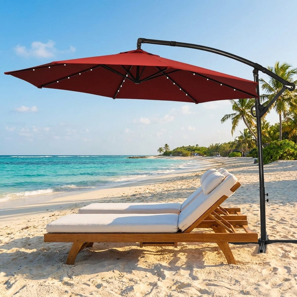 Biotree 10 ft Solar Offset Hanging Umbrella with 40 LED Lights Cross Base Included 180G Polyester Canopy for Patio Outdoor - Beige