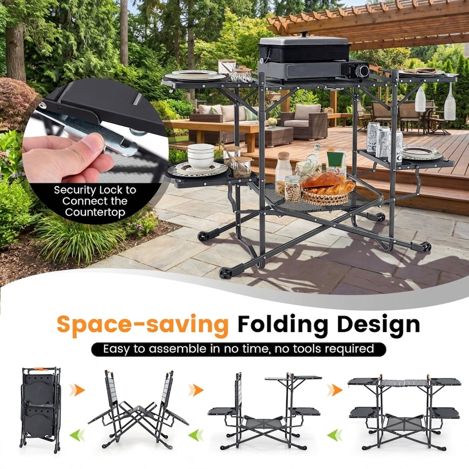 Biotree Folding Portable Outdoor Cook Station with Heat-Resistant Aluminum Tabletop Camp Kitchen Table with Storage, Black