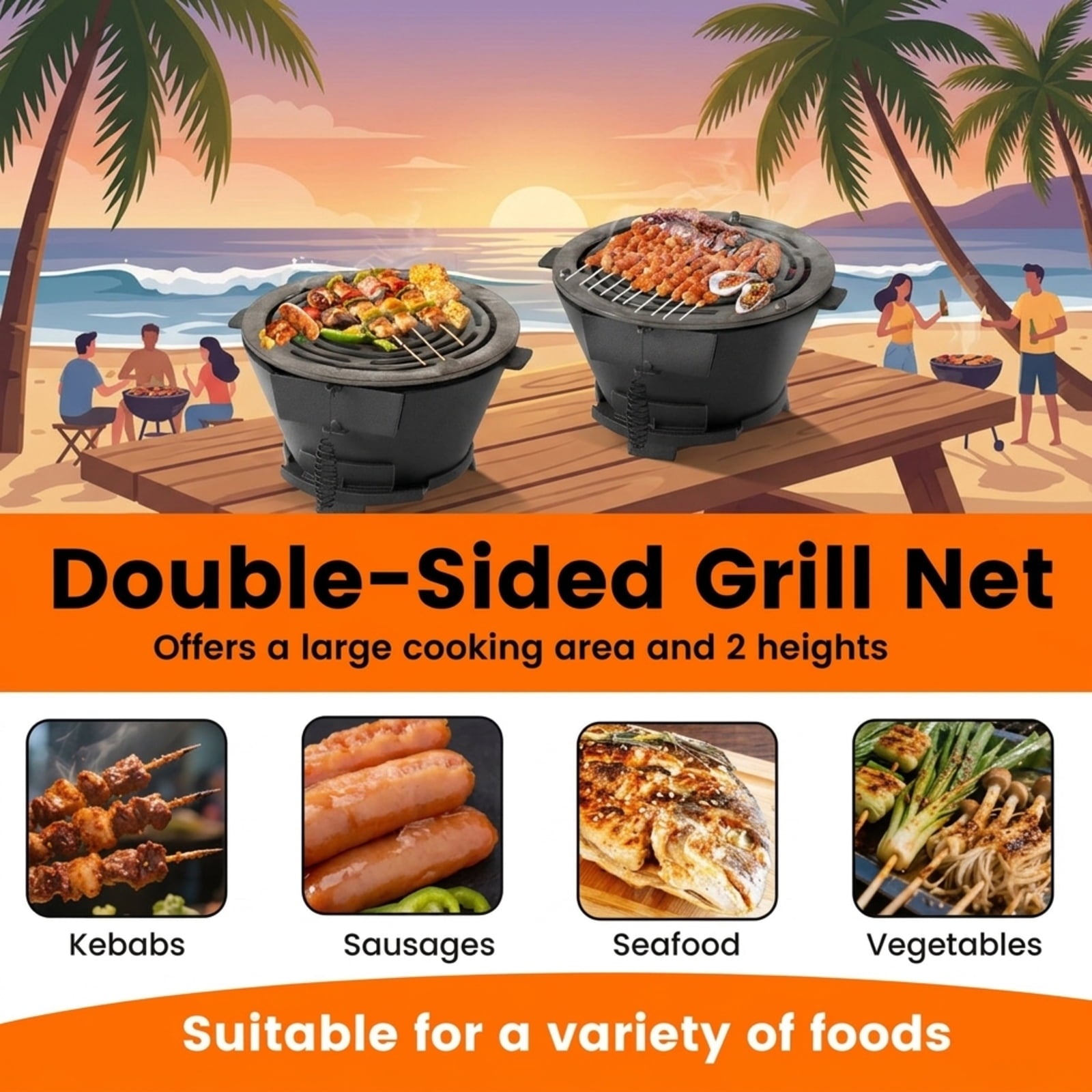 Biotree Round Hibachi Grill Outdoor Portable Charcoal Stove with 12 Inch Double-Sided Grate for Outdoor Backyard Camping Patio BBQ, Black