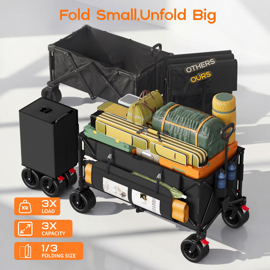 Biotree Collapsible Wagon Cart with Brakes, 300L 600Lbs Heavy Duty Folding Beach Wagon,All Terrain Utility Wagon for Camping Sports Garden Grocery, Black
