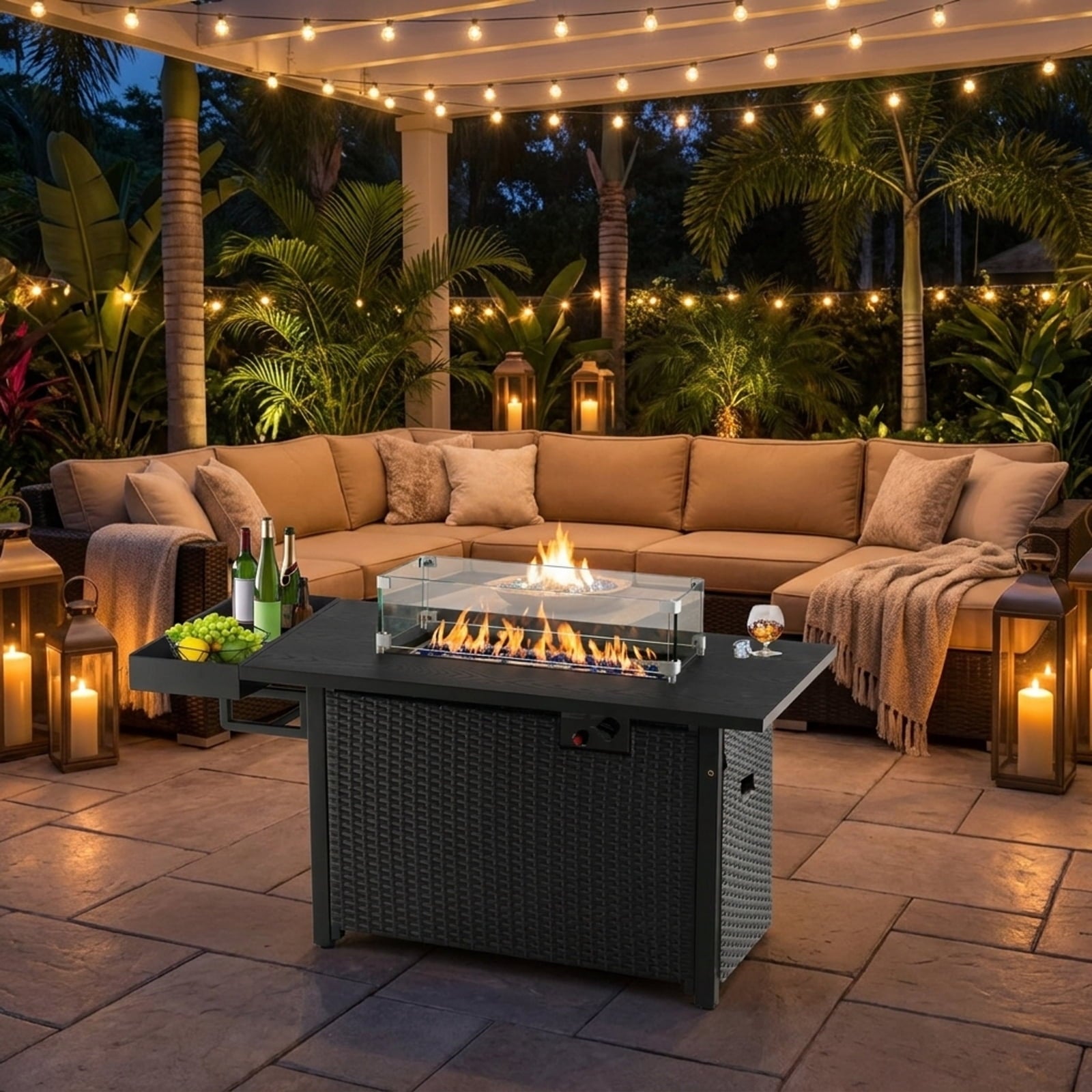 Biotree 52 Inches Outdoor Wicker Gas Fire Pit Propane Fire Table with Cover for Outdoor Patio Backyard Garden Camping, Black