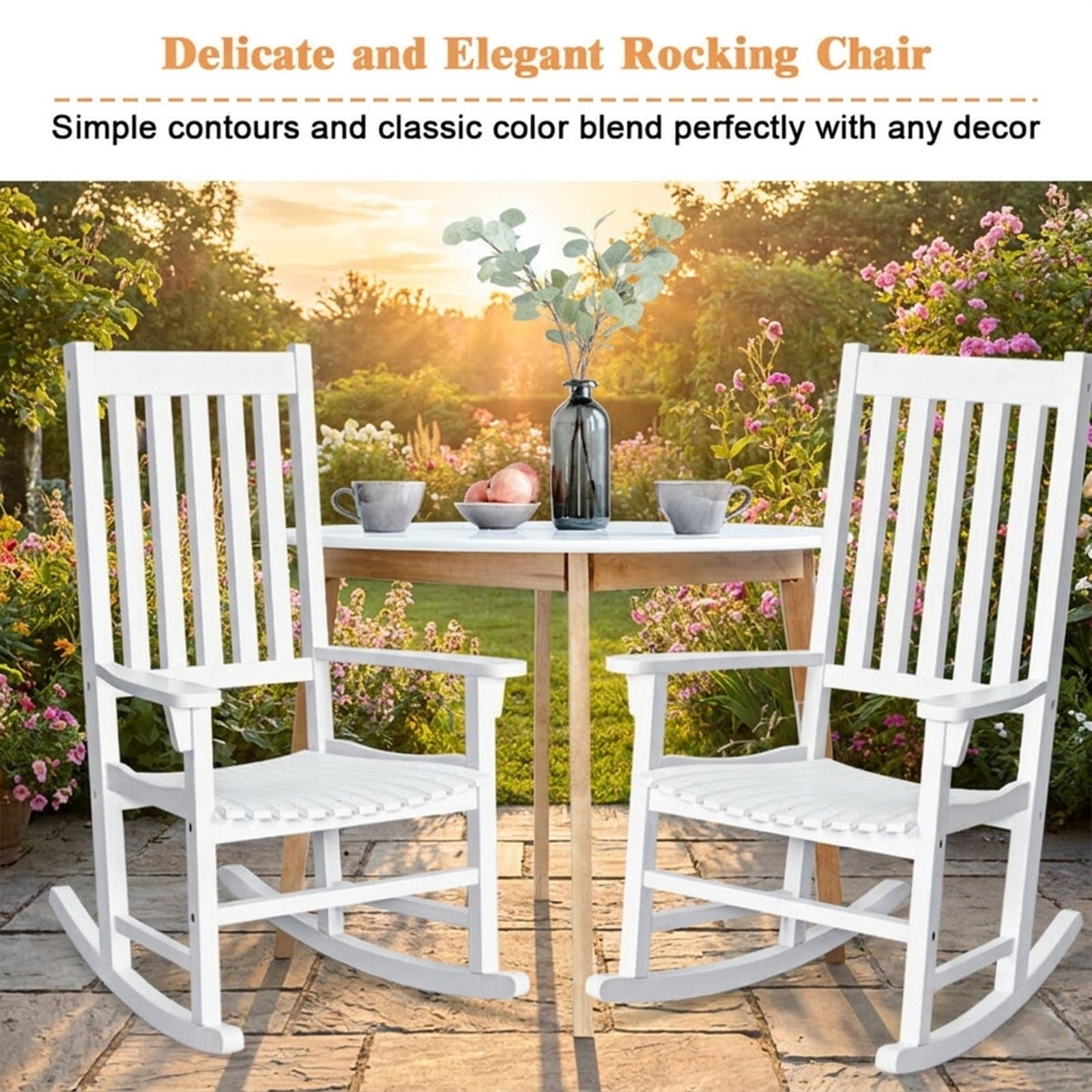 Biotree Indoor Outdoor Wooden High Back Rocking Chair Stackable Patio Chair for Garden BackyardWhite