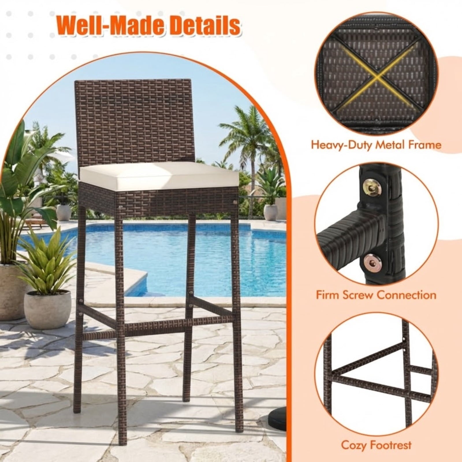 Biotree Set of 4 Patio Wicker Barstools with Seat Cushion and Footrest, PE Rattan Outdoor Bar Height Chairs with Metal Frame for Backyard Deck Garden Poolside, Mix Brown