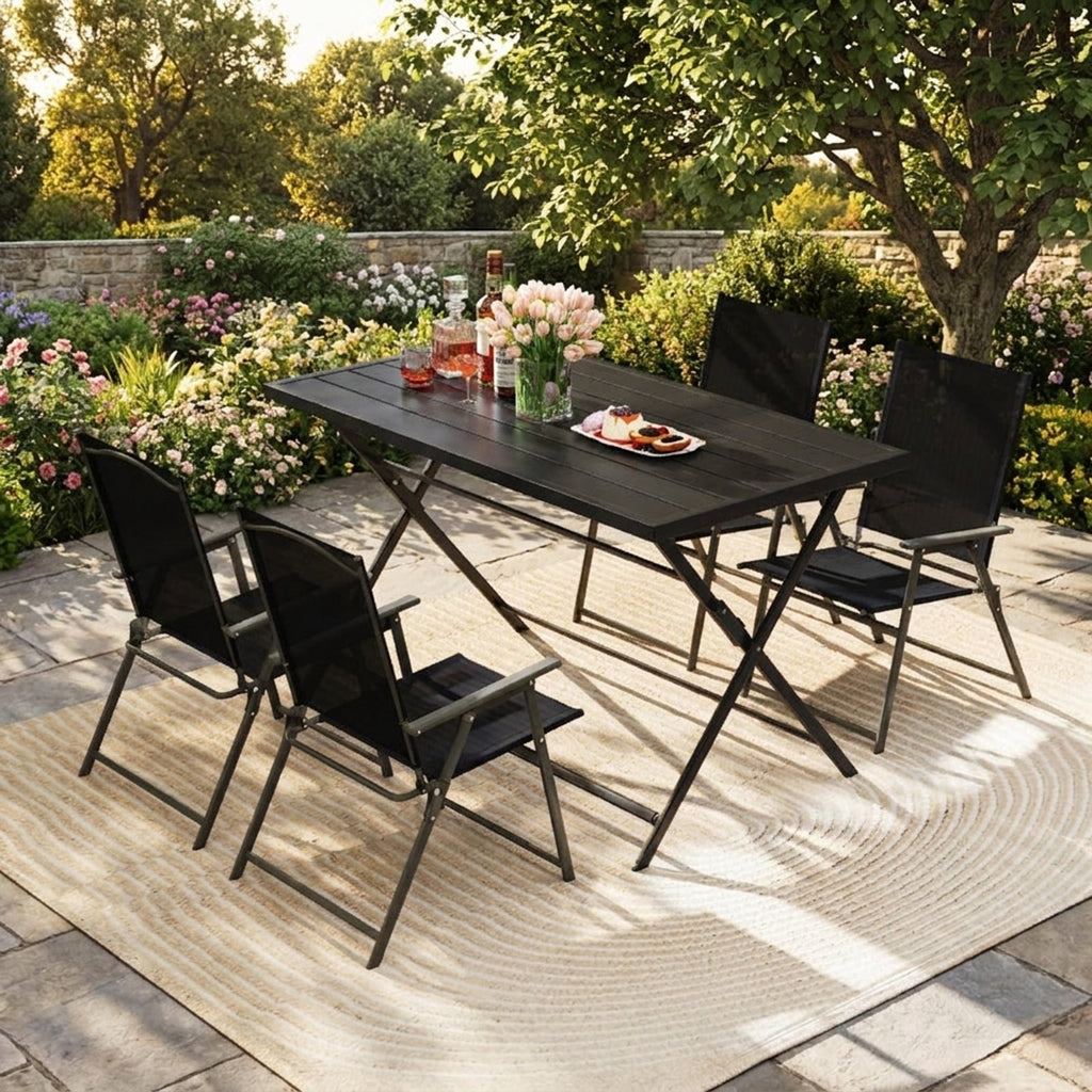 Biotree Foldable Outdoor Dining Table 48inch x 30inch Rectangular Metal Patio Table with Slatted Tabletop, Dark Brown
