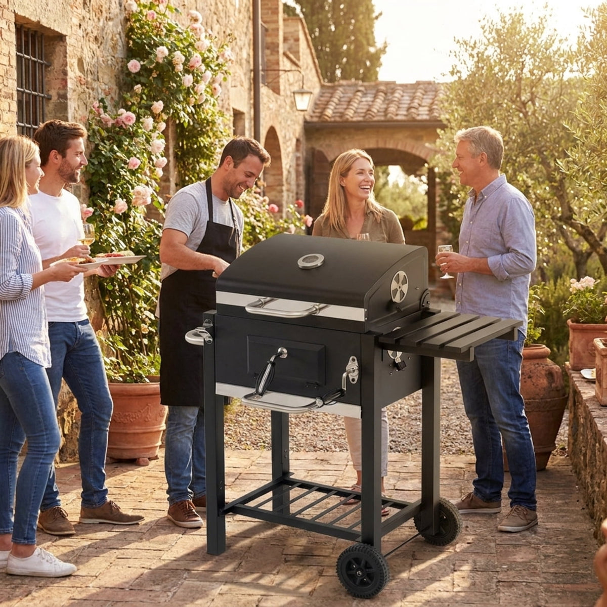 Biotree Portable Outdoor Charcoal BBQ Grill with Adjustable Charcoal Tray, Charcoal Grill on Wheels with Warming Rack, BBQ Smoker Cooker for Backyard Patio Camping Black