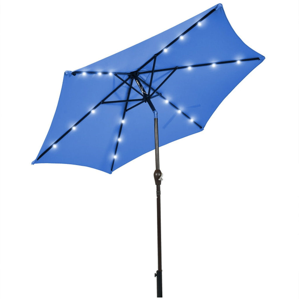 Biotree 9 ft Solar LED Market Patio Umbrella with Crank and Tilt, 6 Sturdy Ribs, Vented Canopy - Navy Blue