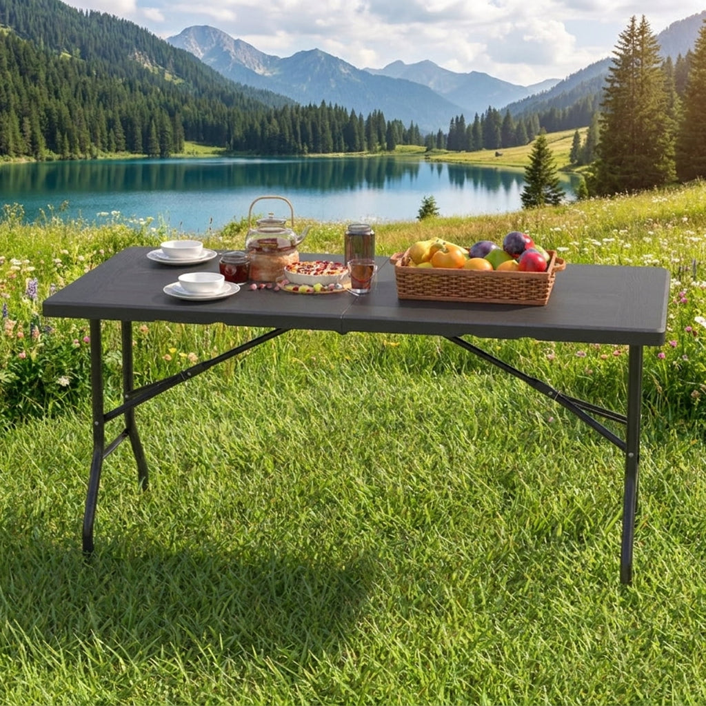 Biotree 5FT Folding Picnic Table with Wood Grain HDPE Tabletop and Non-slip Foot Pads, Black