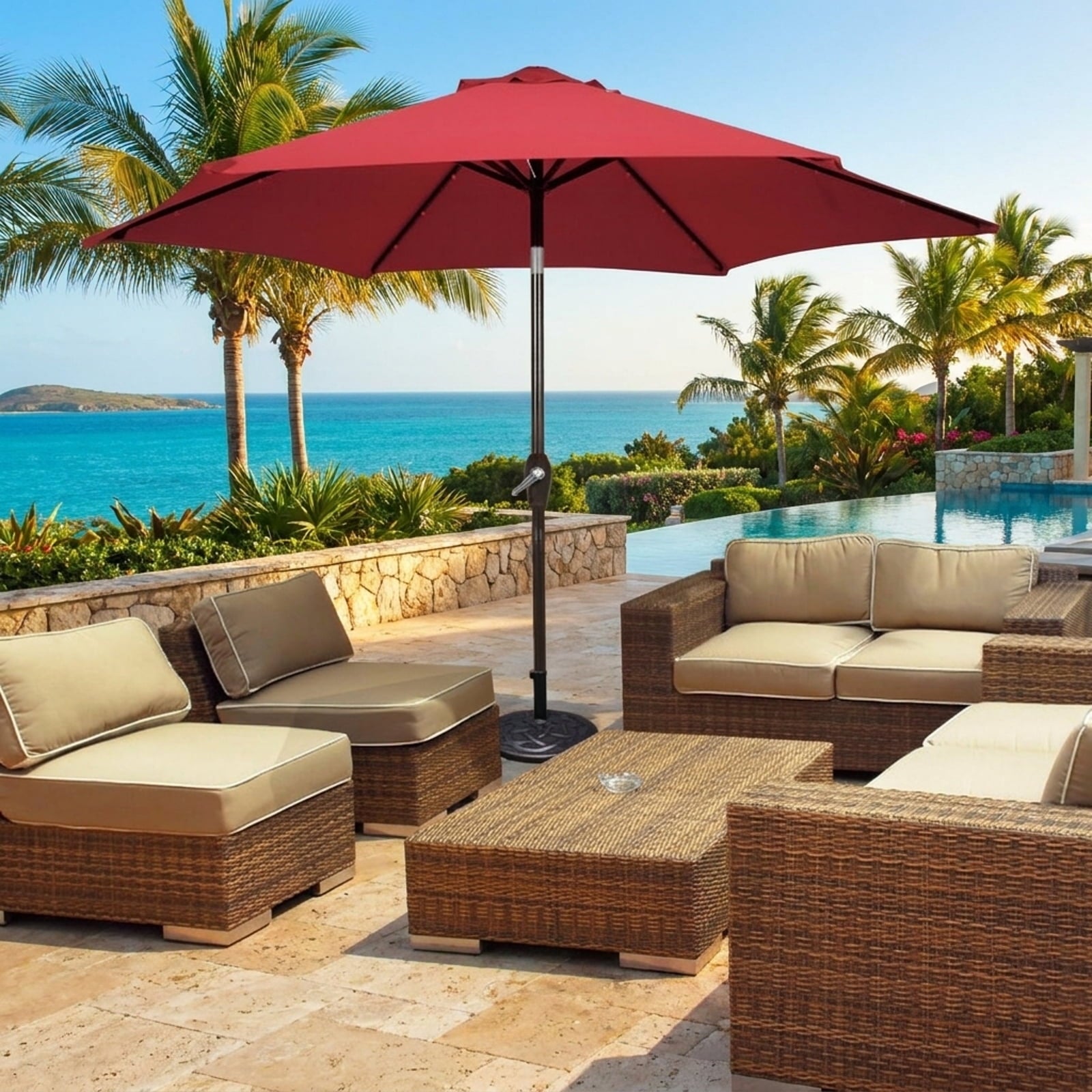 Biotree 9 ft Solar LED Market Patio Umbrella with Crank and Tilt, 6 Sturdy Ribs, Vented Canopy - Walnut