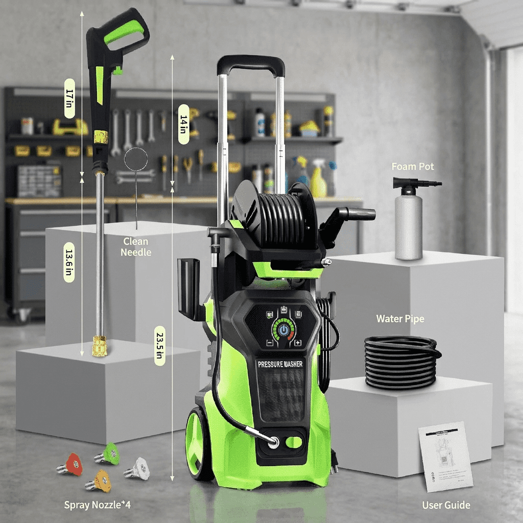 Biotree 5000 PSI Electric Pressure Washer 3.2 GPM Power Washer with Adjustable Pressure Control Panel ,Foam Cannon, 4 Spray Nozzles for Car Driveway Patio Home Cleaning, Orange, Green
