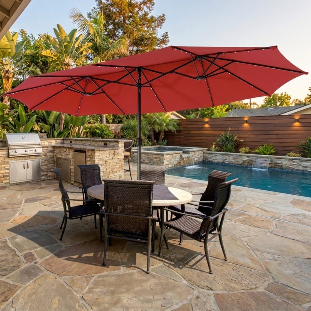 Biotree 15 FT Patio Umbrella, Twin Patio Umbrella with 48 Solar LED Lights for Patio Garden Backyard Pool, Dark Red