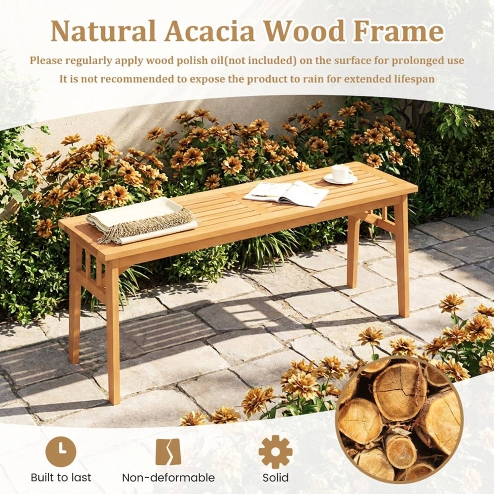 Biotree 48 Inches Acacia Wood Bench with Breathable Slat Seat and Stable Triangular Structure-1Natural