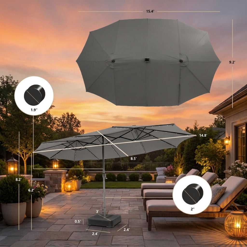 Biotree 15 ft Double-Sided Twin Patio Umbrella 48 LED Lights Outdoor Shade - Gray - UV Protection with Cross Base