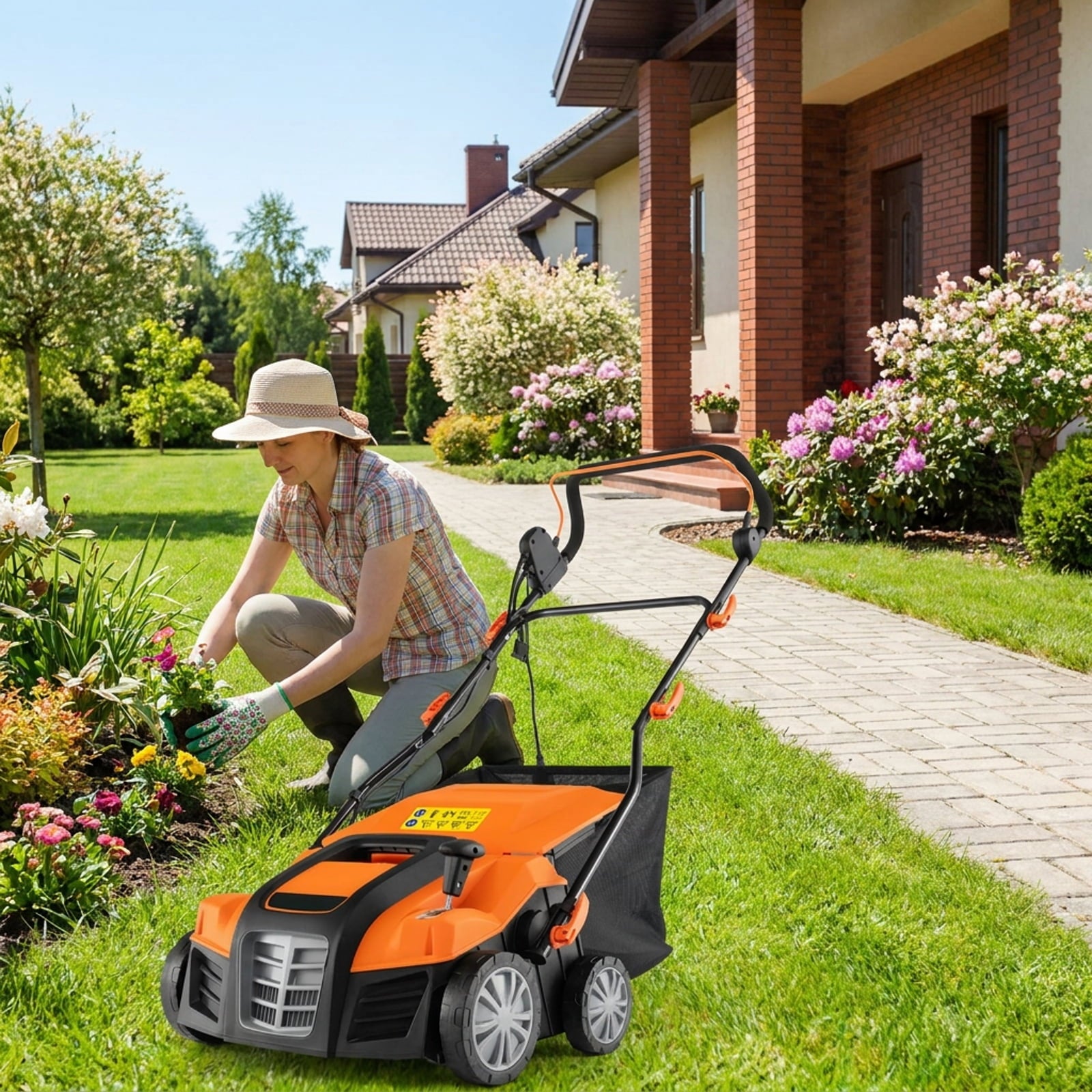 Biotree 16-Inch Electric Lawn Dethatcher and Scarifier with Collection Bag for Lawn Garden Yard Soil Care, Orange