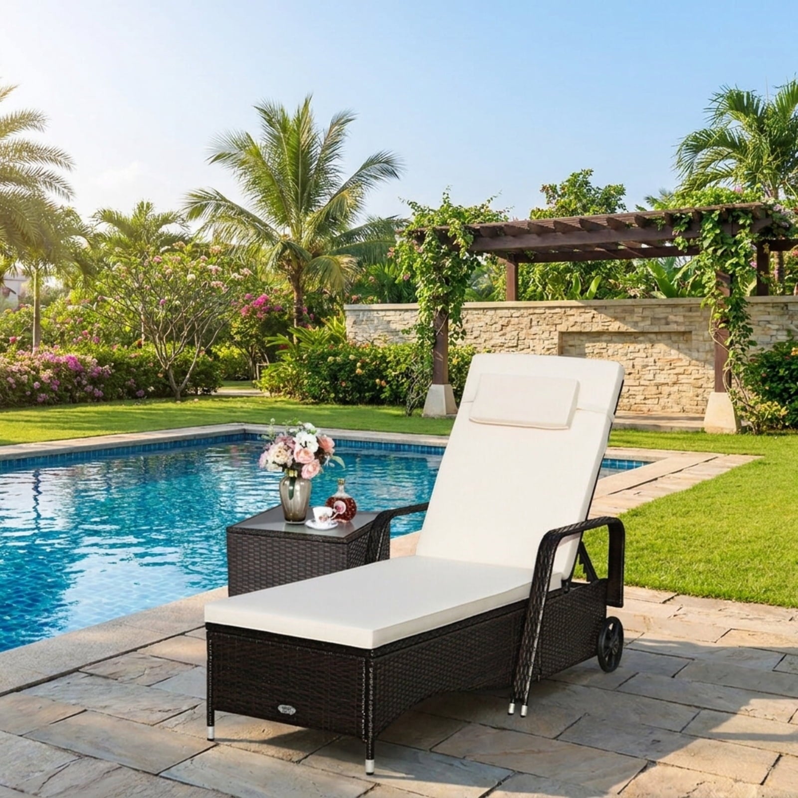 Biotree Outdoor Recliner Cushioned Chaise Lounge with Adjustable Backrest Stackable Patio Chair for Garden BackyardWhite/White Red
