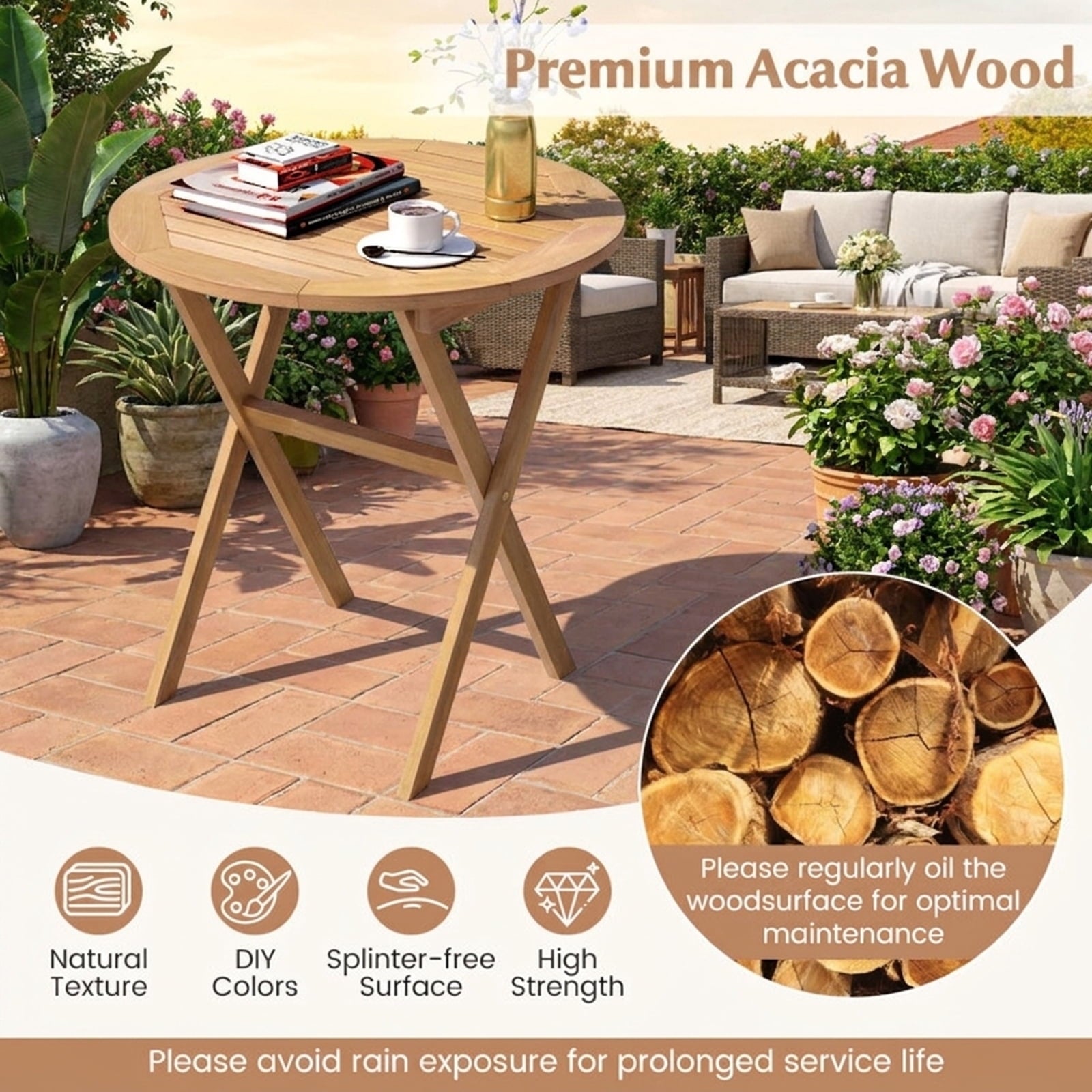 Biotree Outdoor Side Table with Slatted Tabletop and X-Shaped Structure, Natural