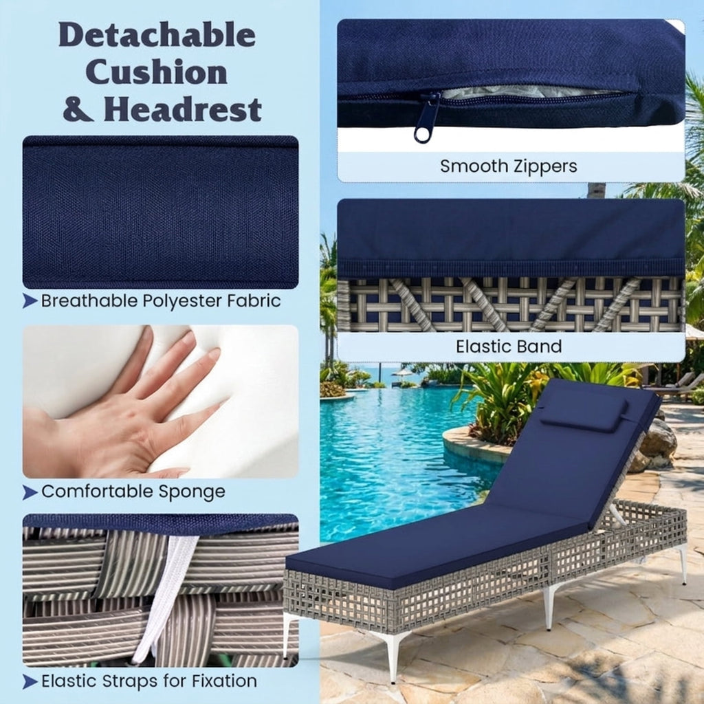 Biotree Patio Chaise Lounge Chair with 6-Level Adjustable Backrest and Headrest for Poolside Stackable Patio Chair for Garden BackyardNavy