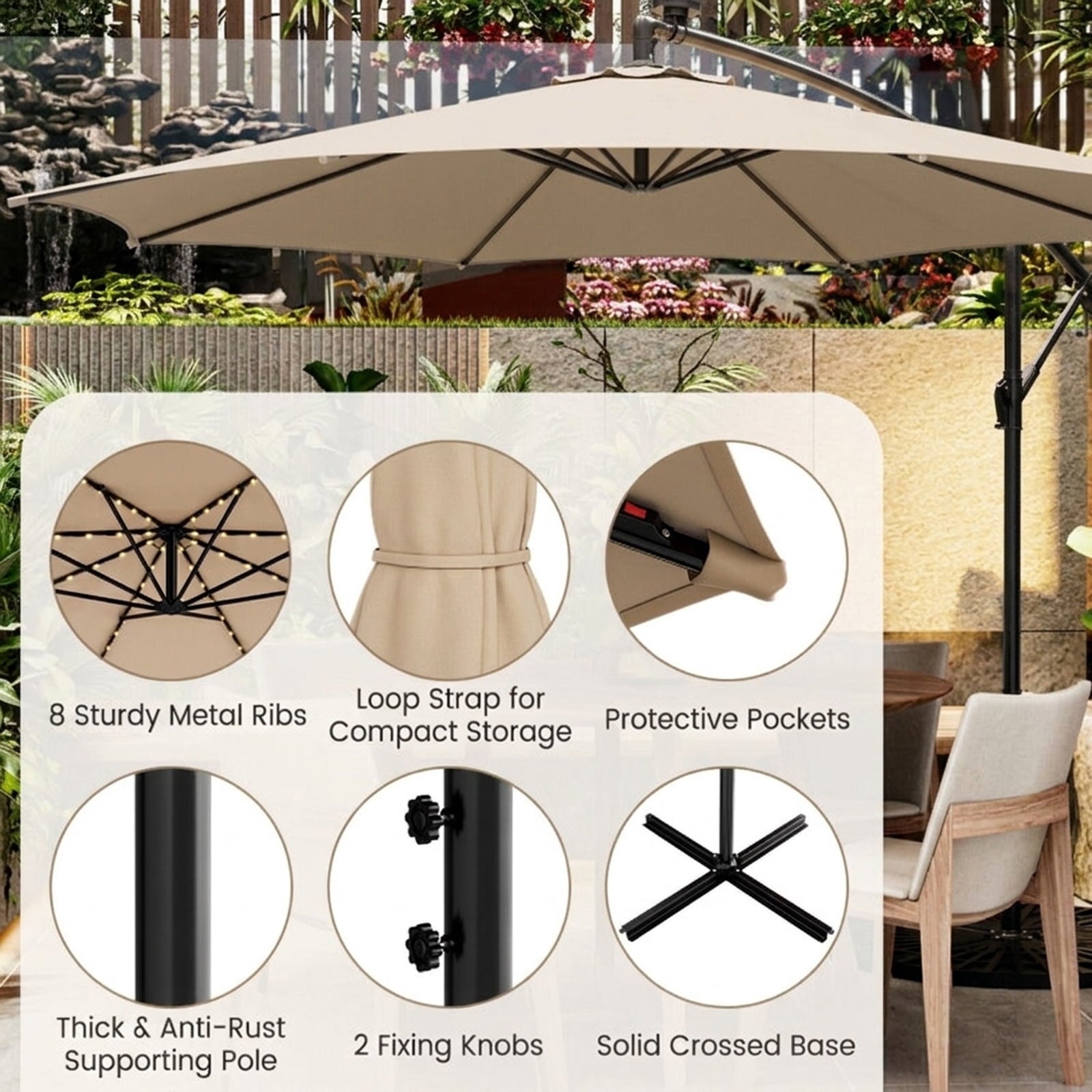 Biotree 10 ft Cantilever Offset Patio Umbrella Solar LED Lights Outdoor Shade - Beige - UV Protection