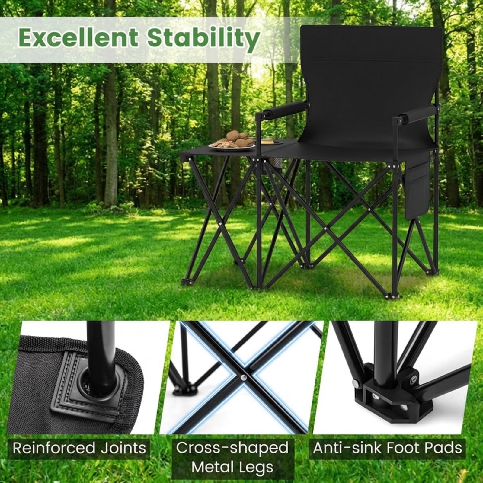 Biotree Heavy Duty Oversized Folding Camping Chair with Side Table and Storage Pockets Portable Outdoor Chair for Adults, Black