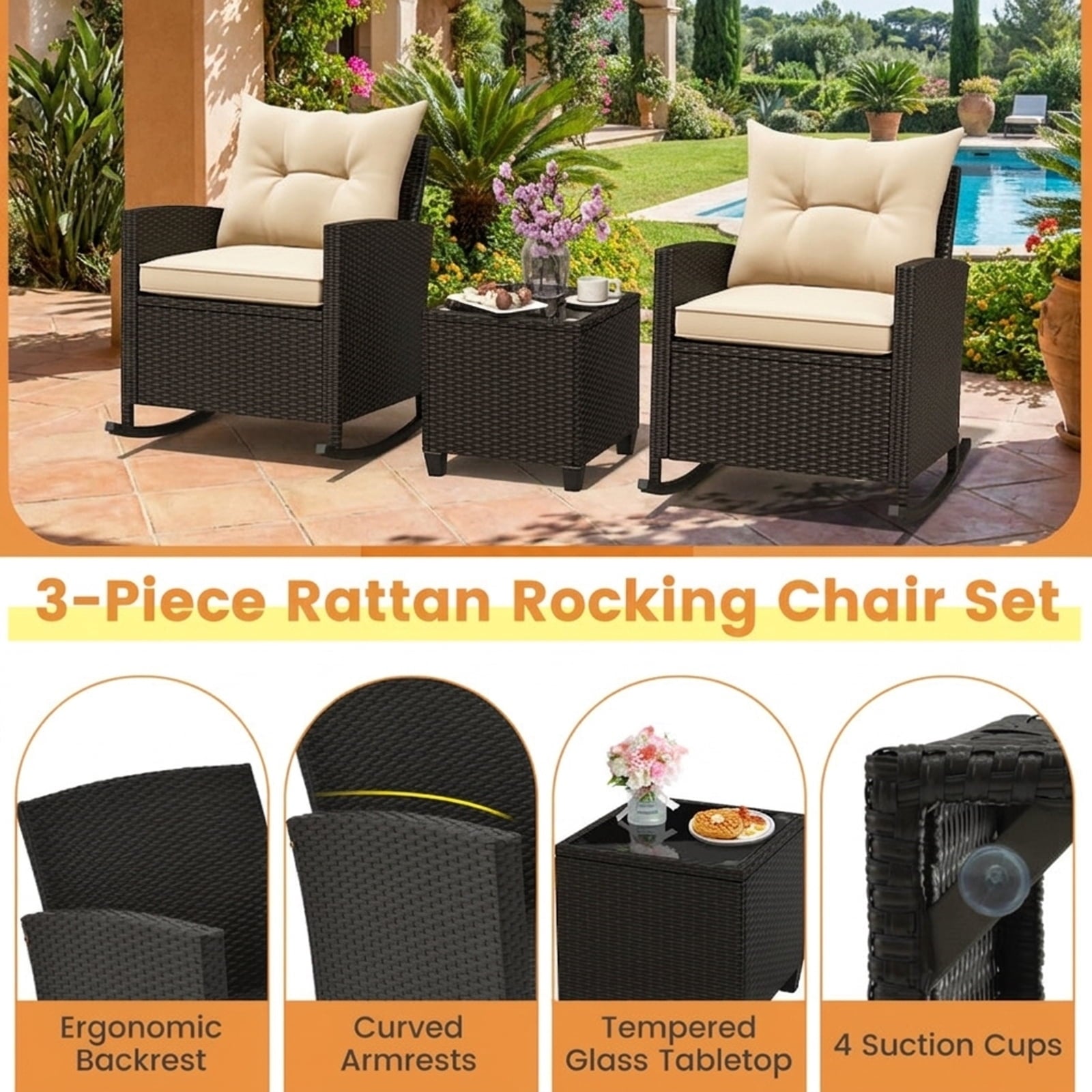 Biotree 3-Piece Patio Rattan Roker Chairs with Tempered Glass Table and Soft Cushions Outdoor Conversation Set for Garden Backyard PorchBeige