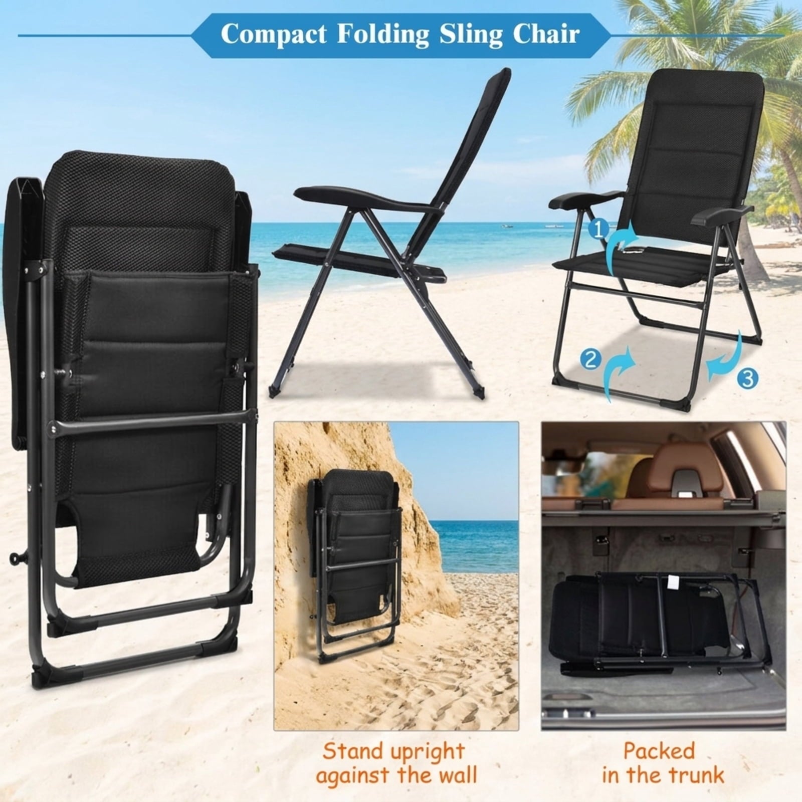 Biotree Set of 4 Patio Folding Chairs with Adjustable Backrest Stackable Patio Chair for Garden BackyardBlack
