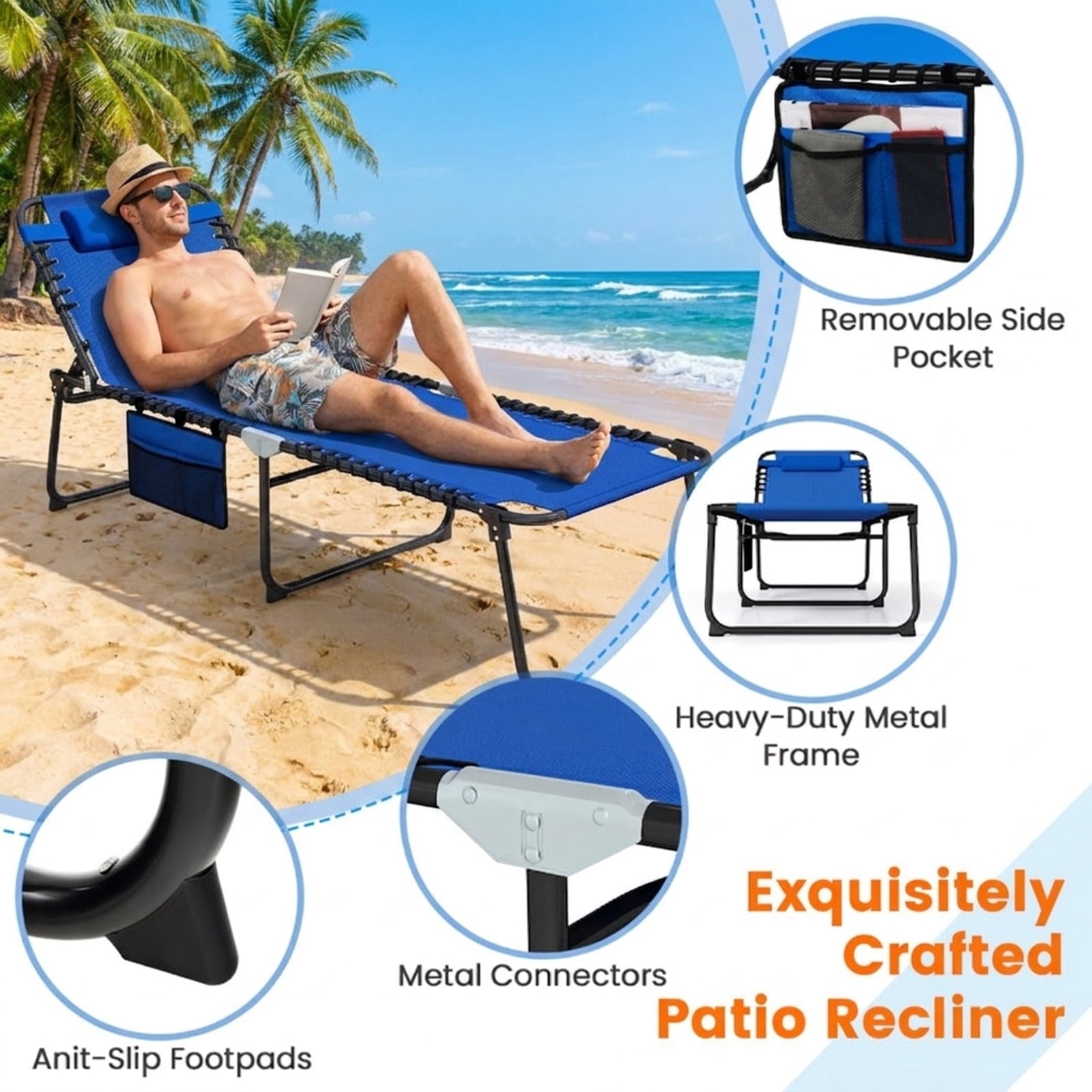 Biotree 4 Position Folding Lounge Chaise with Adjustable Backrest and Footrest Stackable Patio Chair for Garden BackyardNavy