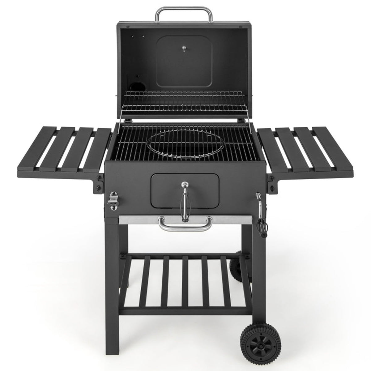 Biotree Outdoor BBQ Charcoal Grill with Folding Side Tables, Portable Charcoal BBQ Smoker on Wheels, Charcoal Grill Cooker with Thermometer for Backyard Patio Camping Black