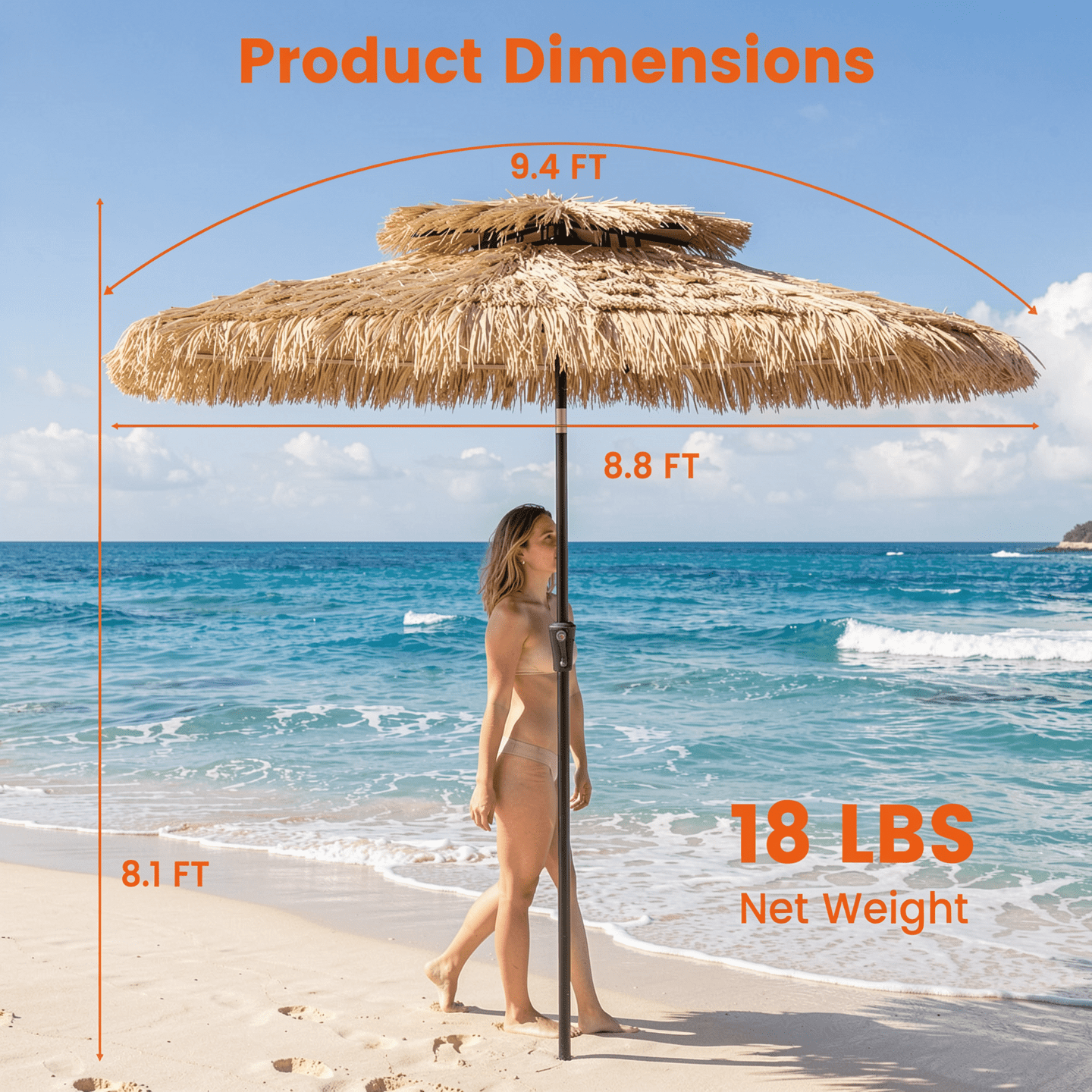 Biotree 9 Feet Thatched Tiki Umbrella with 8 Ribs Natural - Outdoor Patio Garden Sun Shade with UV Protection for Deck Lawn and Garden