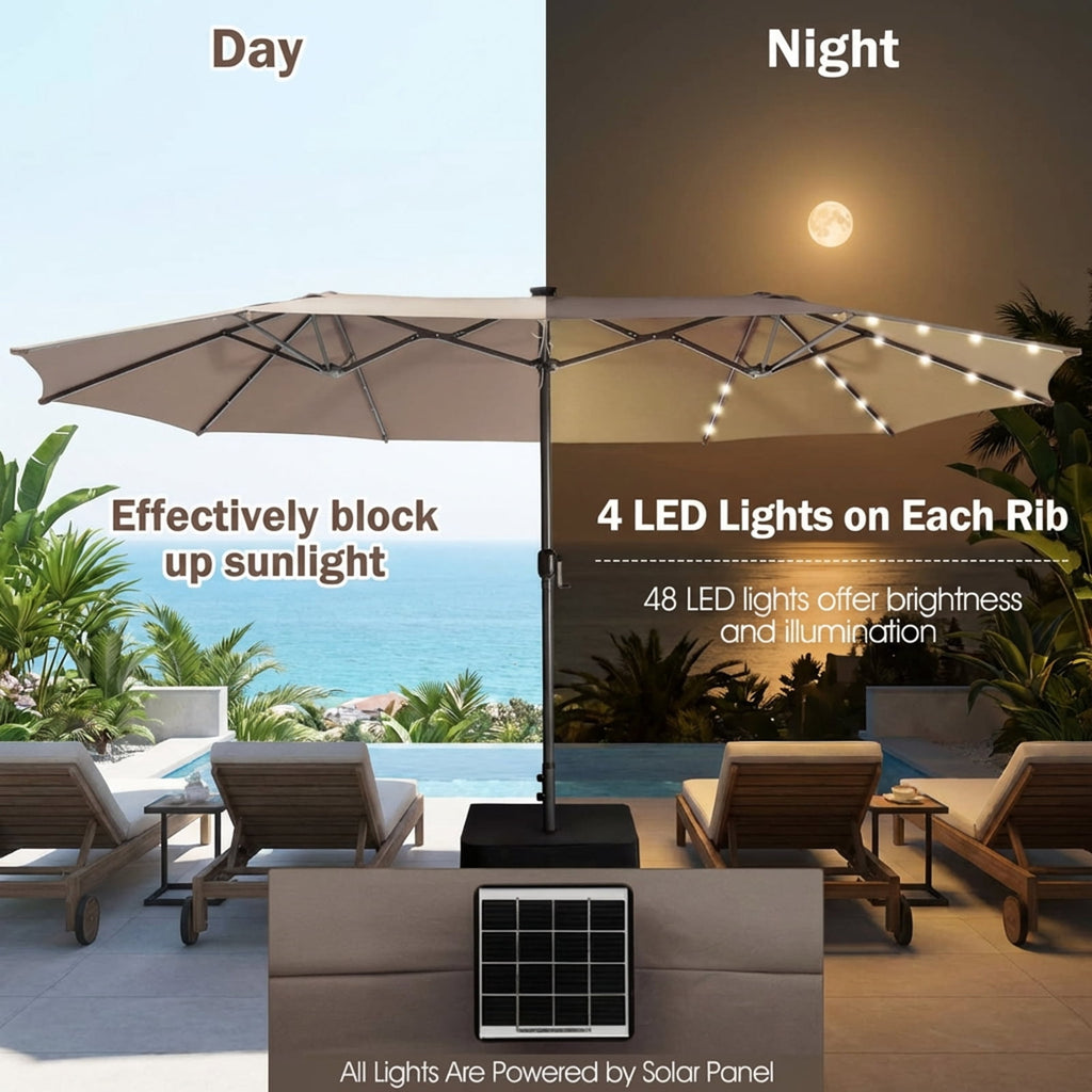 Biotree 15 Feet Twin Patio Umbrella with 48 Solar LED Lights-Light Brown Beige/Light Brown/Orange/Dark Red/Gray/Turquoise