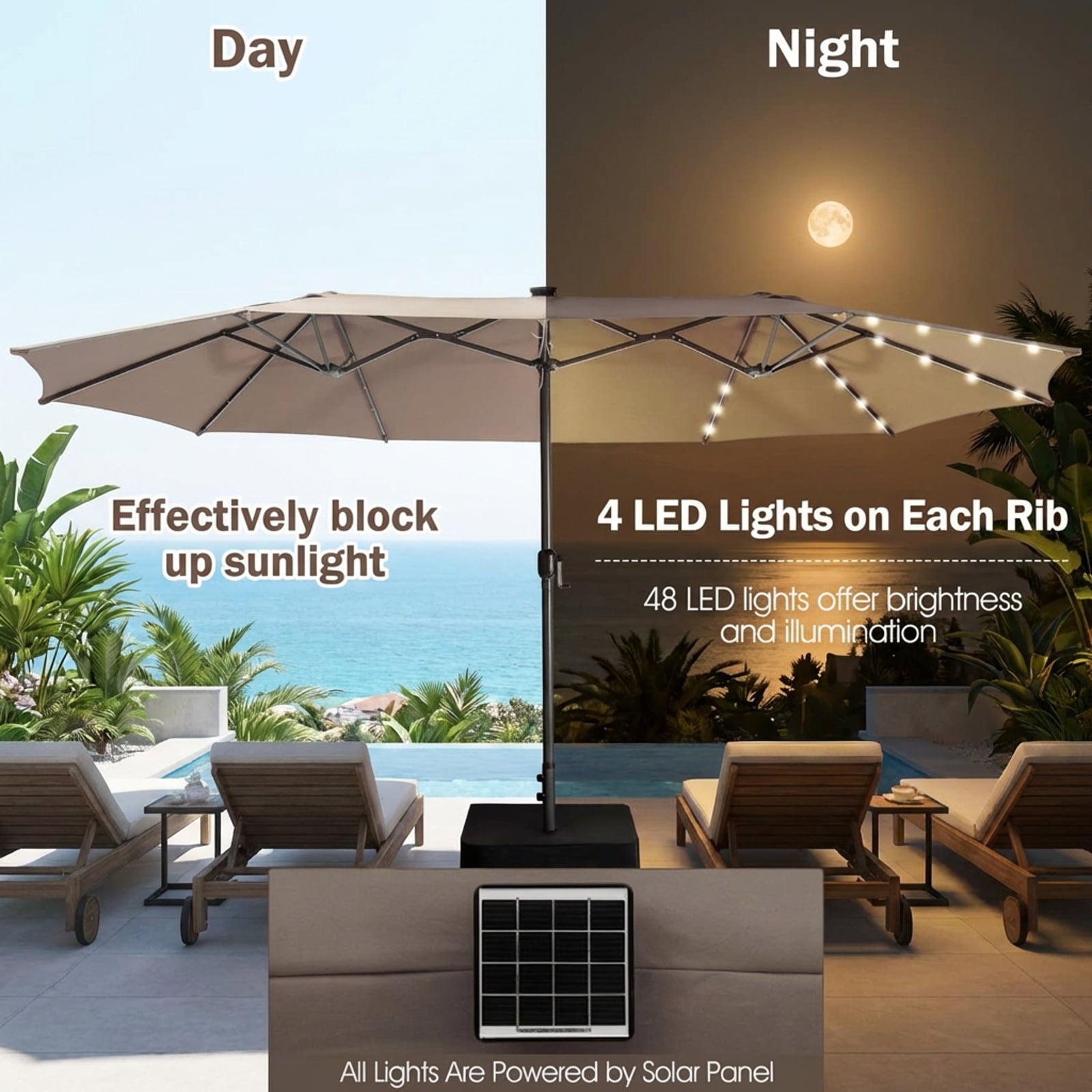 Biotree 15 Feet Twin Patio Umbrella with 48 Solar LED Lights-Light Brown Beige/Light Brown/Orange/Dark Red/Gray/Turquoise