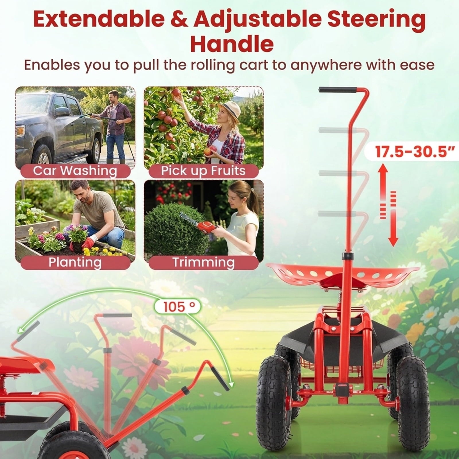 Biotree Extendable Handle Garden Cart Rolling Wagon Scooter for Garden Yard Lawn Work Outdoor, Red