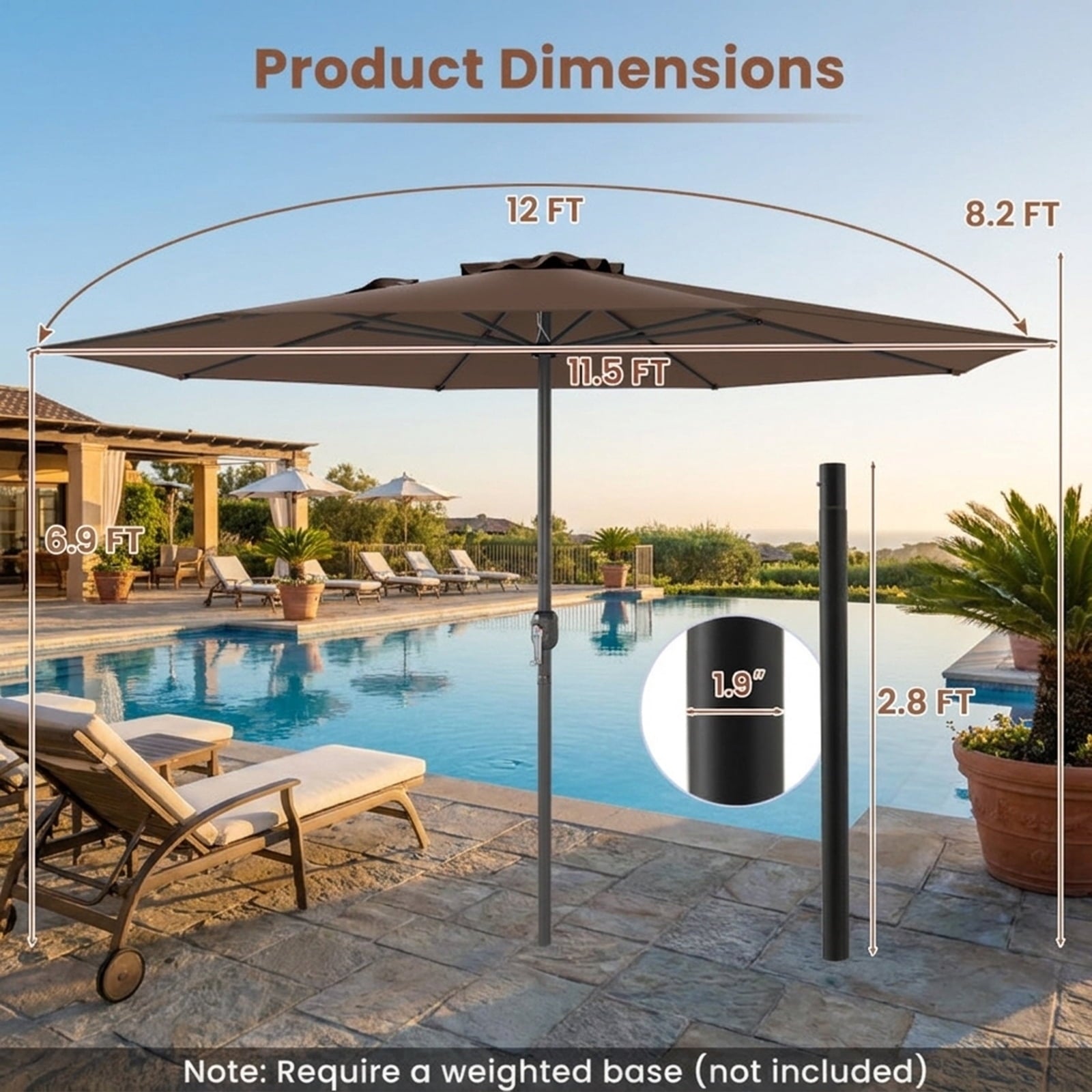 Biotree 12 ft Market Patio Umbrella with Crank and Tilt, 8 Sturdy Ribs, Vented Canopy - Beige for Backyard