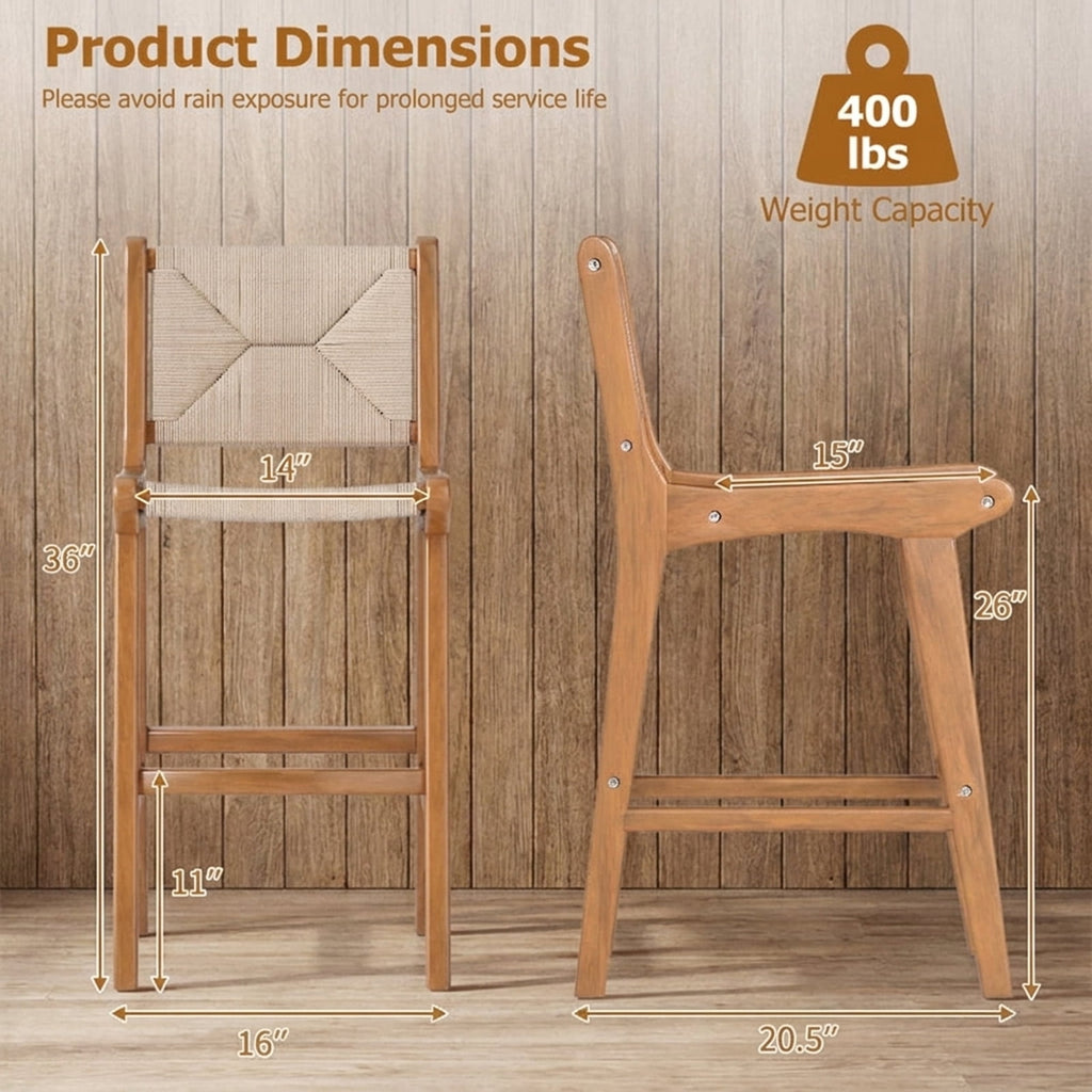 Biotree Outdoor Teak Wood Counter Height Bar Stool with Woven Paper Rope Seat, Natural - Outdoor Patio Bar Height Chair with Footrest