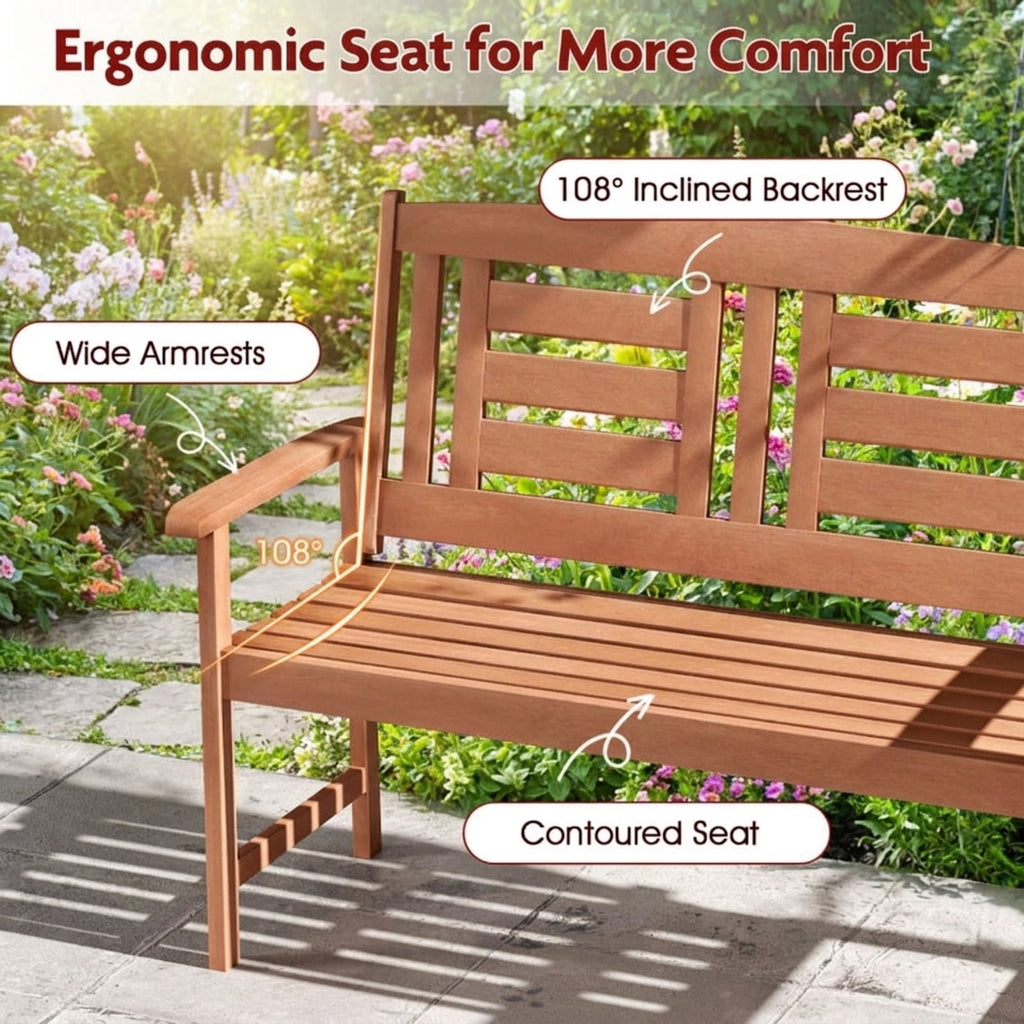 Biotree Outdoor Solid Wood Loveseat Hardwood 2-Seat Bench with Inclined Backrest and Slatted SeatTeak