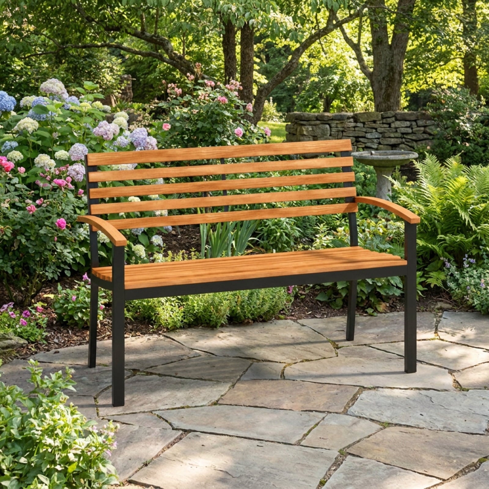 Biotree Outdoor Bench Acacia Wood Patio Loveseat with Backrest Armrests Stackable Patio Chair for Garden BackyardBlack + Natural