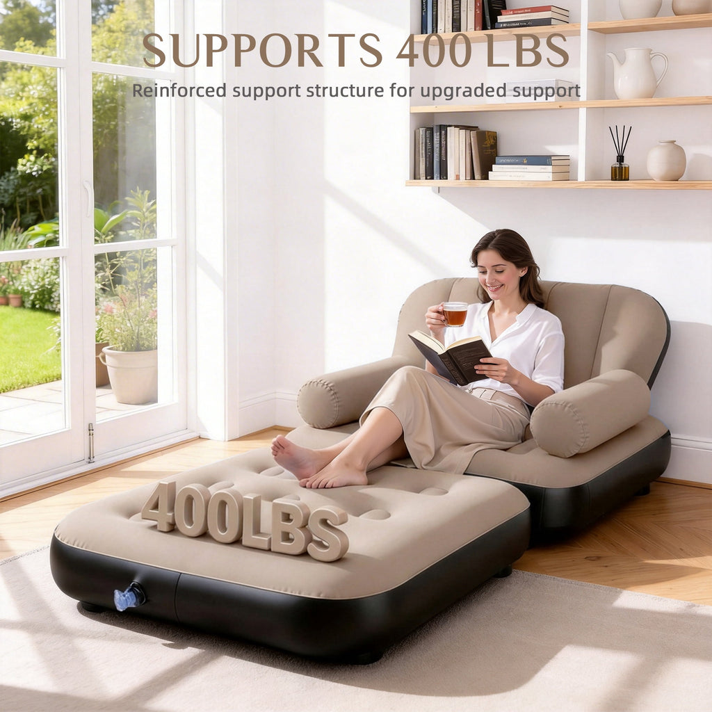 Biotree Inflatable Sofa Bed, 5-in-1 Foldable Thickened Flocked PVC Blow up Sofa with 2 Pumps, Air Couch Mattress for Camping,Brown
