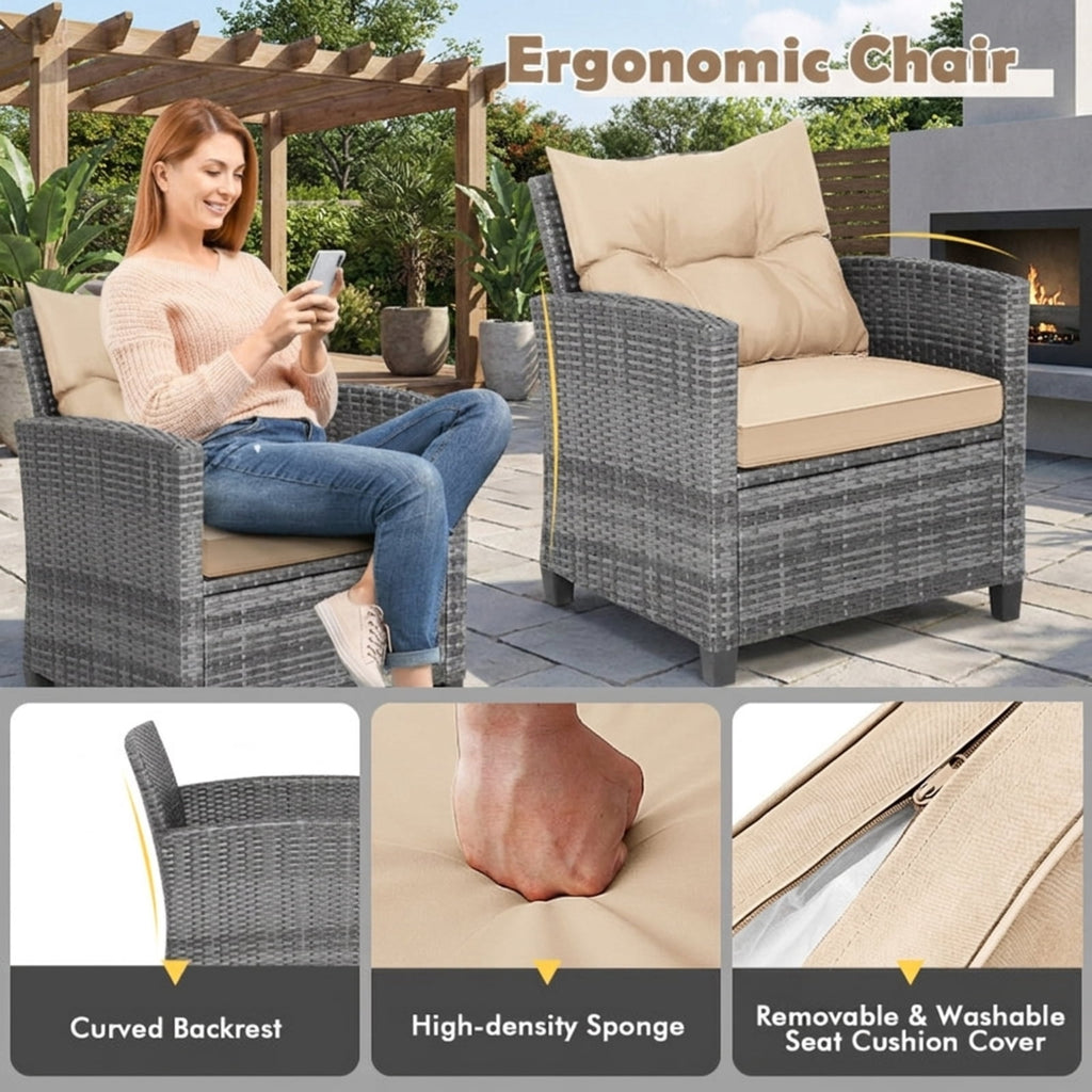 Biotree 3 Pieces Outdoor Wicker Conversation Set with Tempered Glass Tabletop Outdoor Conversation Set for Garden Backyard PorchBeige