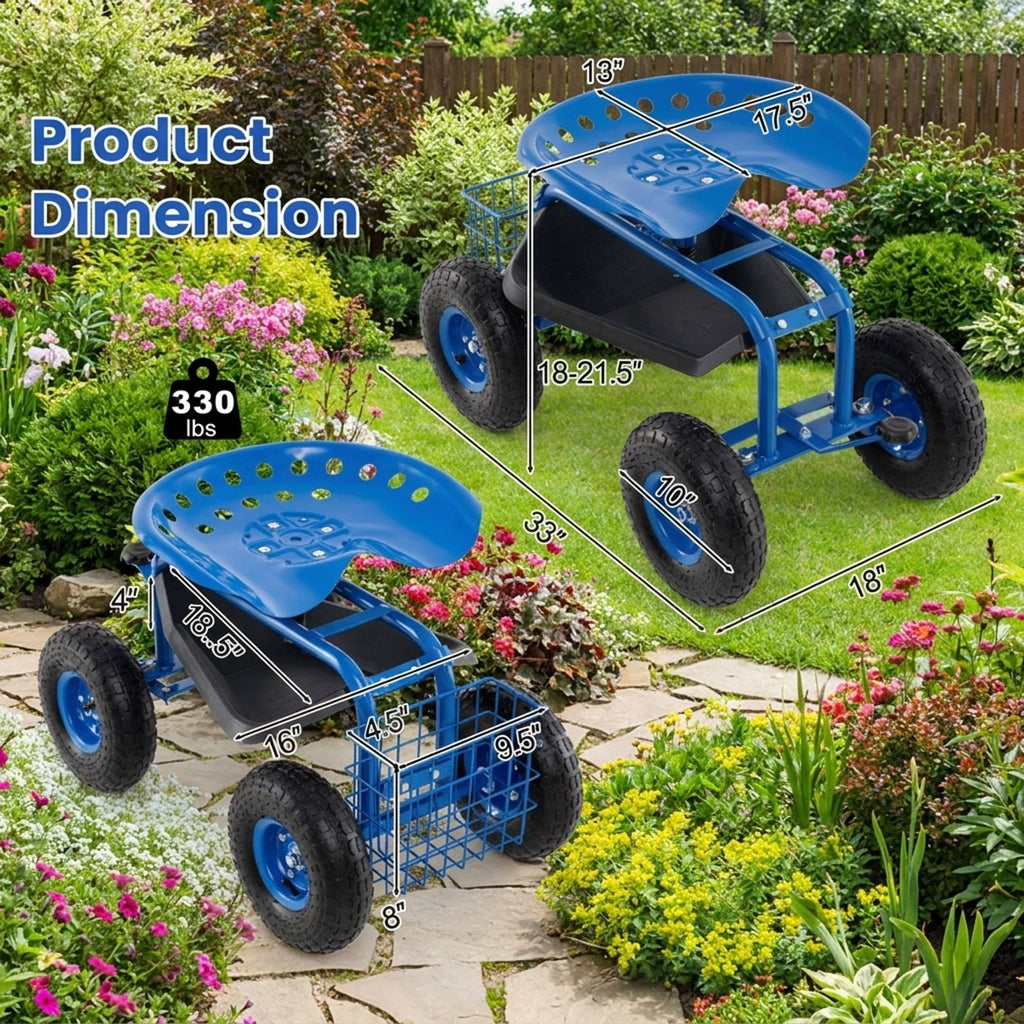 Biotree 4-Wheel Rolling Garden Cart Work Seat for Garden Yard Lawn Work Outdoor, Blue