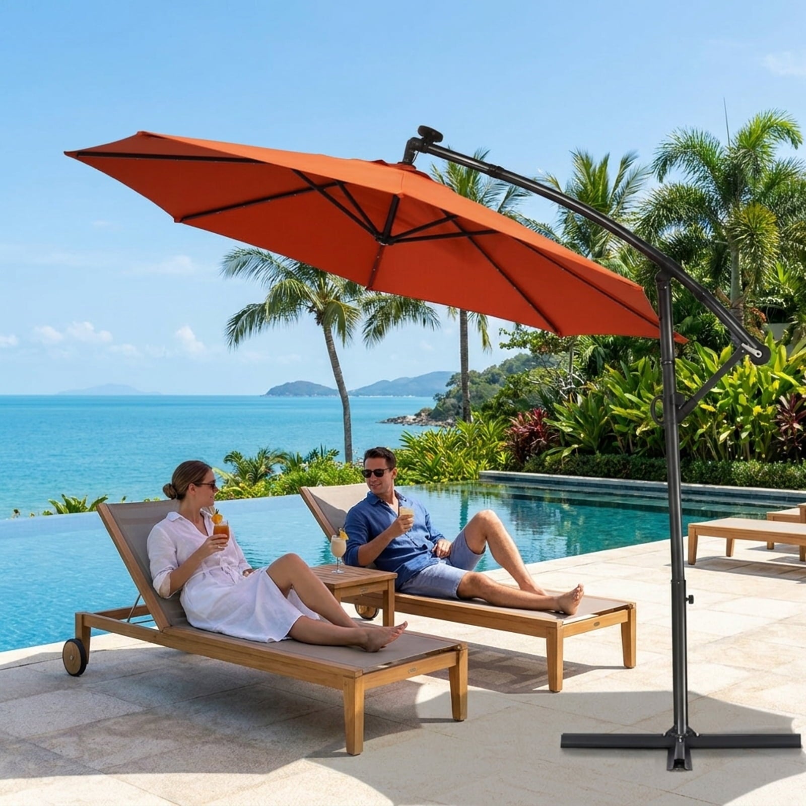 Biotree 10 ft Solar LED Cantilever Patio Umbrella Offset Hanging with Cross Base, 8 Ribs - Orange for Backyard