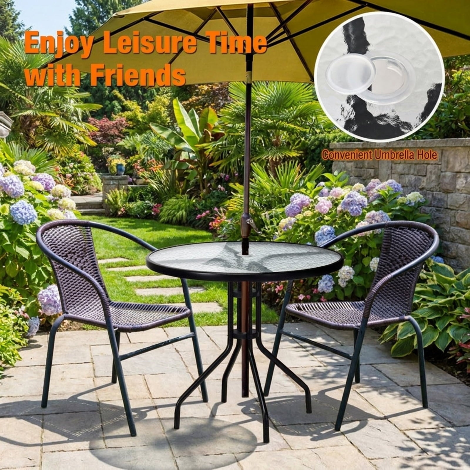 Biotree 32 Inch Outdoor Patio Round Tempered Glass Top Table with Umbrella Hole, Black