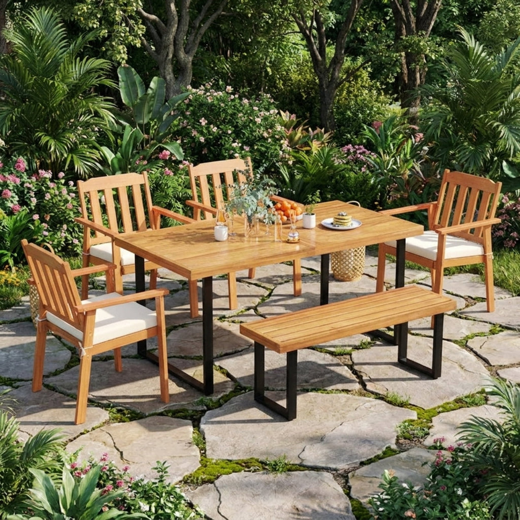 Biotree Acacia Wood Outdoor Bench 48 Inch Long Patio Dining Bench-1 Piece Stackable Patio Chair for Garden BackyardNatural+Black