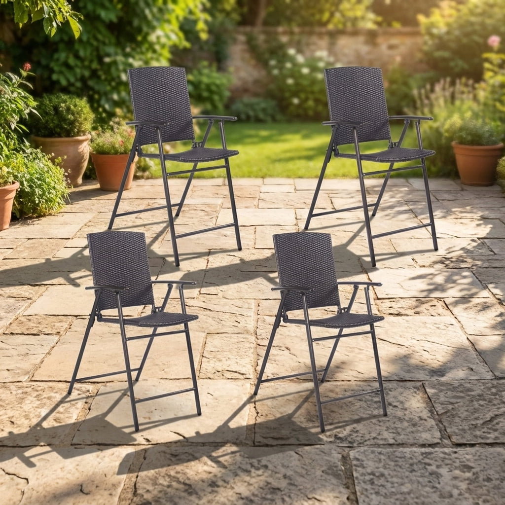 Biotree Set of 4 Folding Bar Chairs PE Wicker Outdoor Indoor Folding Bar Stools with Footrests and Armrests, Brown