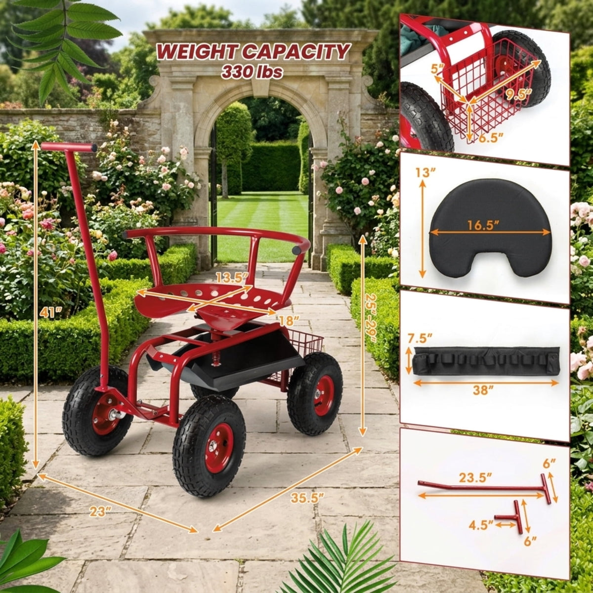 Biotree 330lbs Rolling Garden Cart with Height Adjustable 360¡ãSwivel Seat, Garden Scooter with Storage Basket, Sit Down Garden Cart with Tool Tray for Weeding Planting Gardening Red